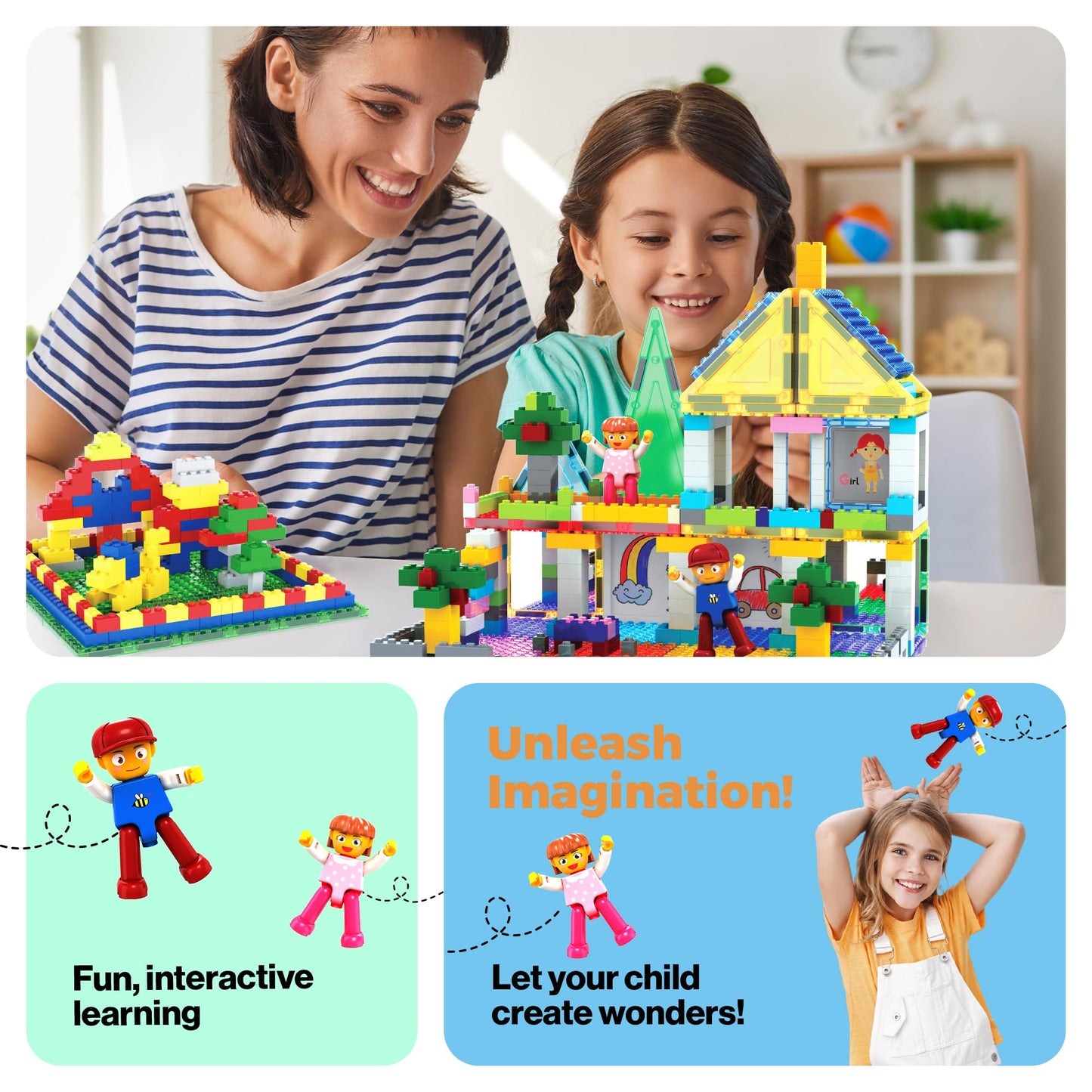PicassoTiles 585pc Table Set: Magnetic Tiles, Bricks & Whiteboard Desk for STEM Play