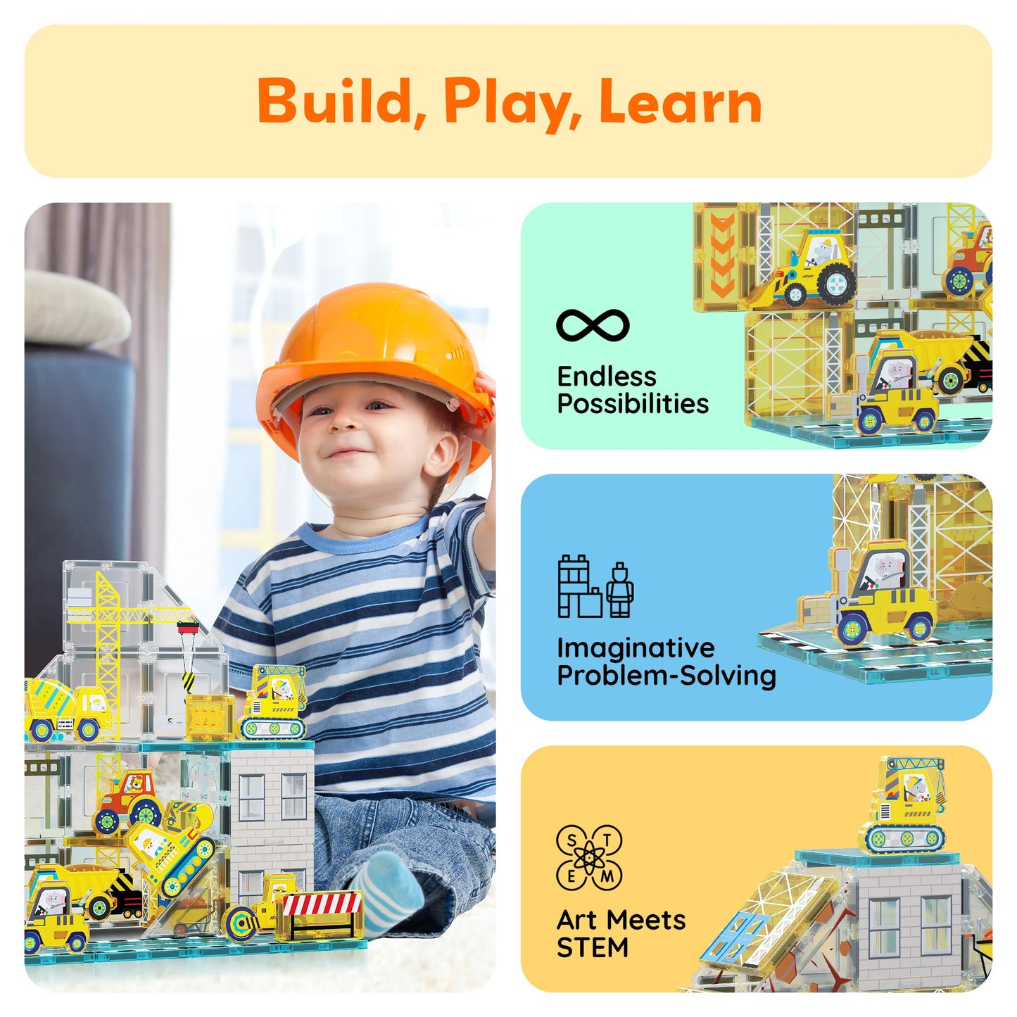 PicassoTiles Magnet Tiles: 8 Construction Vehicles STEM Building Set