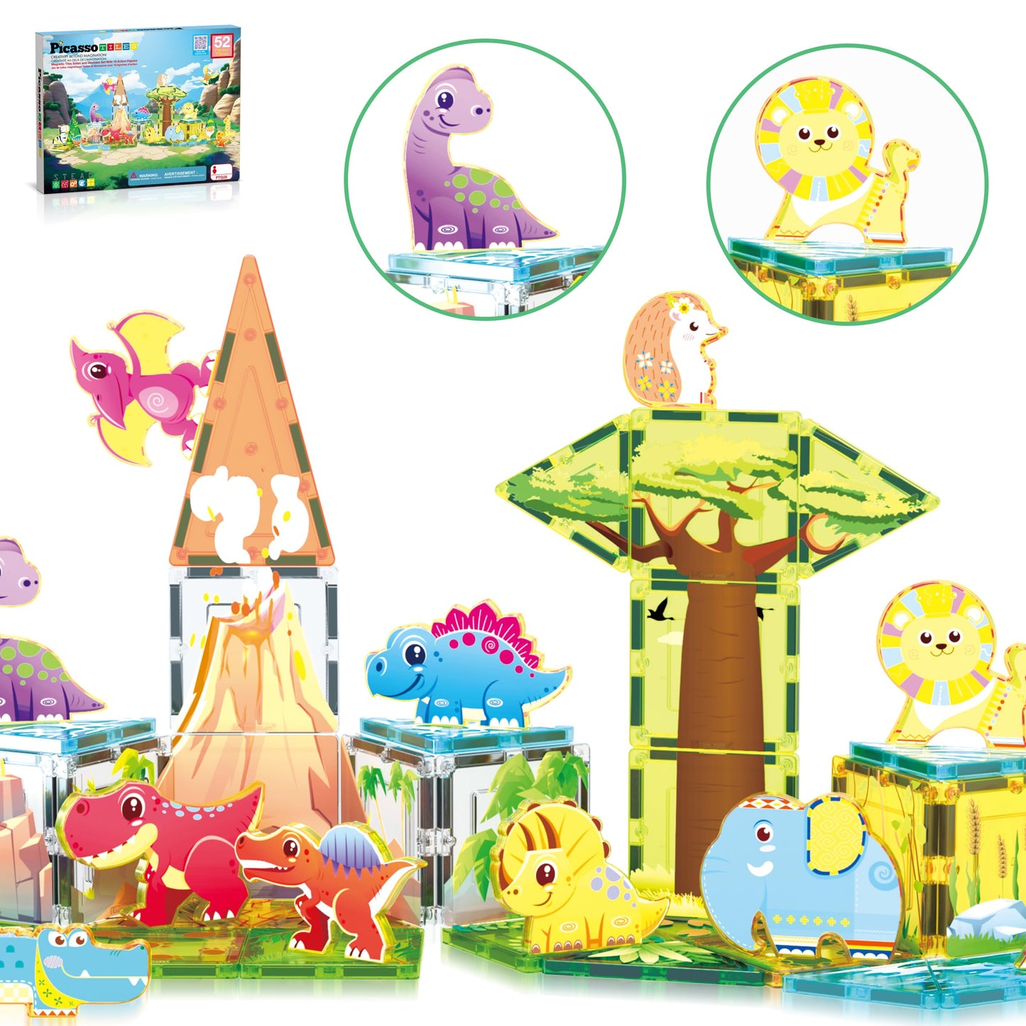 PicassoTiles Magnet Tiles Set Safari Animals & Dinosaurs – 16 Action Figures, STEM Toys for Toddlers 3+, PTQ28