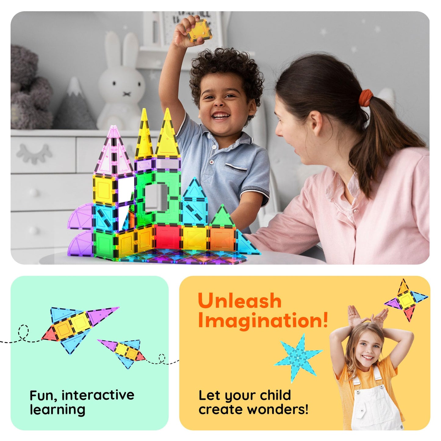 PicassoTiles PT152 Magnetic Tiles 152pcs – Mirror Theme STEM Building Toys for Kids