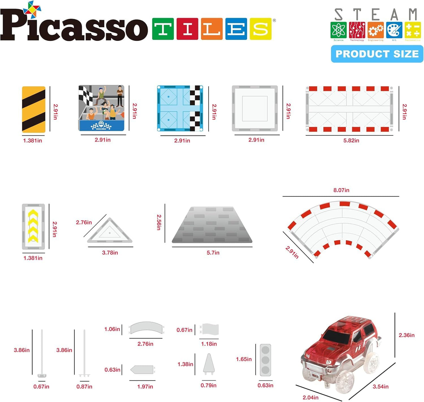 PicassoTiles Magnetic Race Track Set with 2 Trucks – STEM Building Toy PTQ05 | Kids 3+