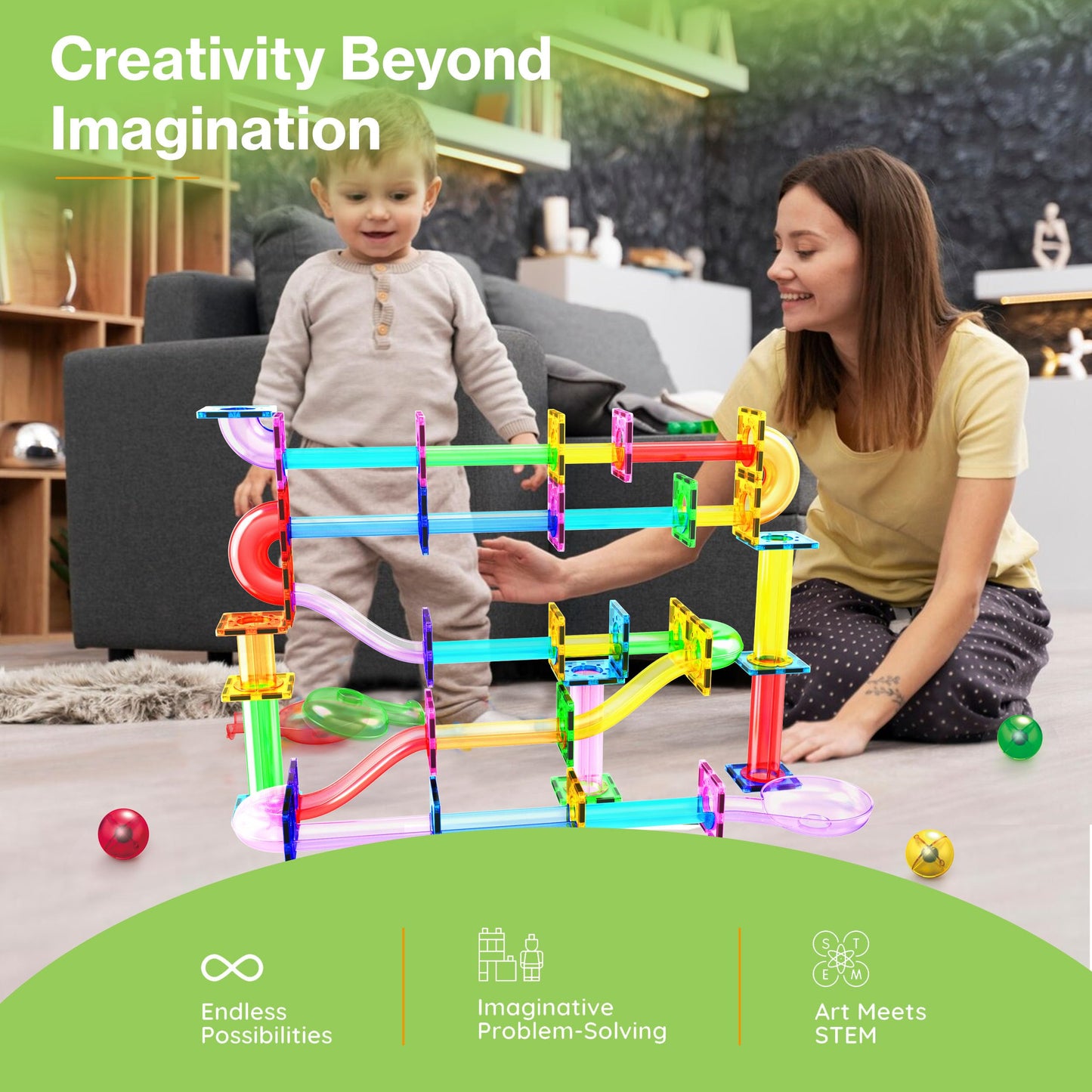 PicassoTiles 120pc Magnetic Tile Marble Run Set – STEM Construction Toy for Kids 3+ PTG120