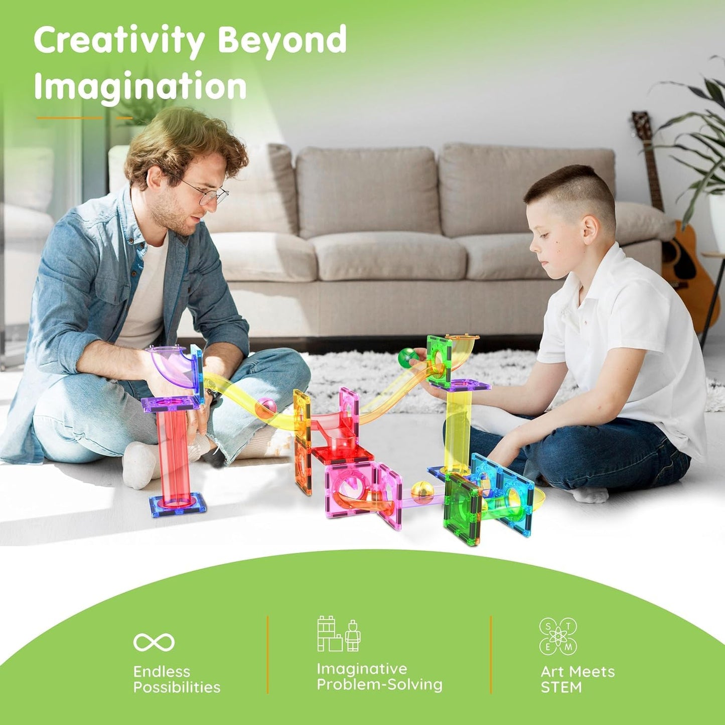 PicassoTiles Magnetic Marble Run Set – Rainbow Color Tiles, 40-Piece STEM Kit for Kids 3+