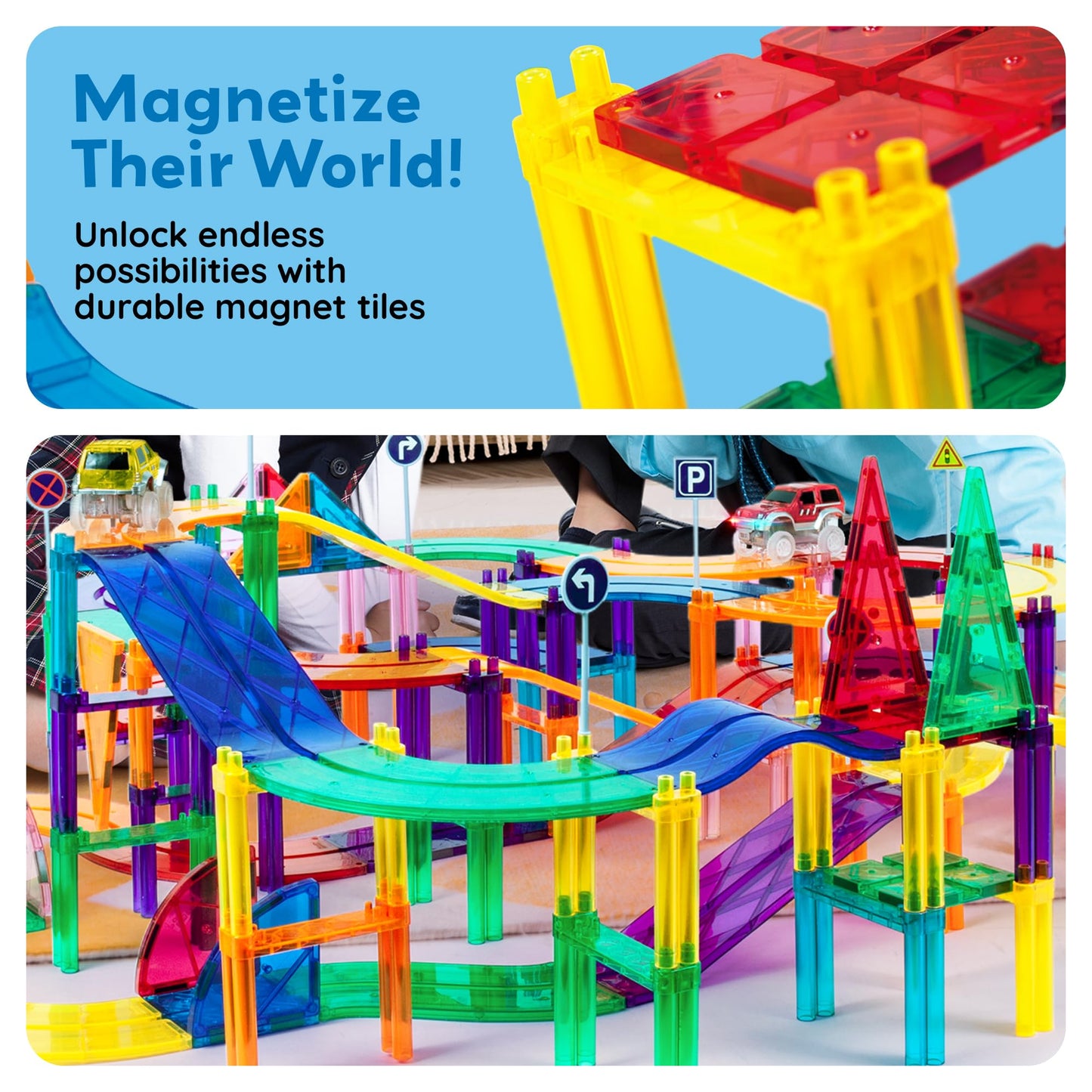PicassoTiles 150-Piece Race Car Track Magnetic Tile STEM Toy Set with 4 Cars