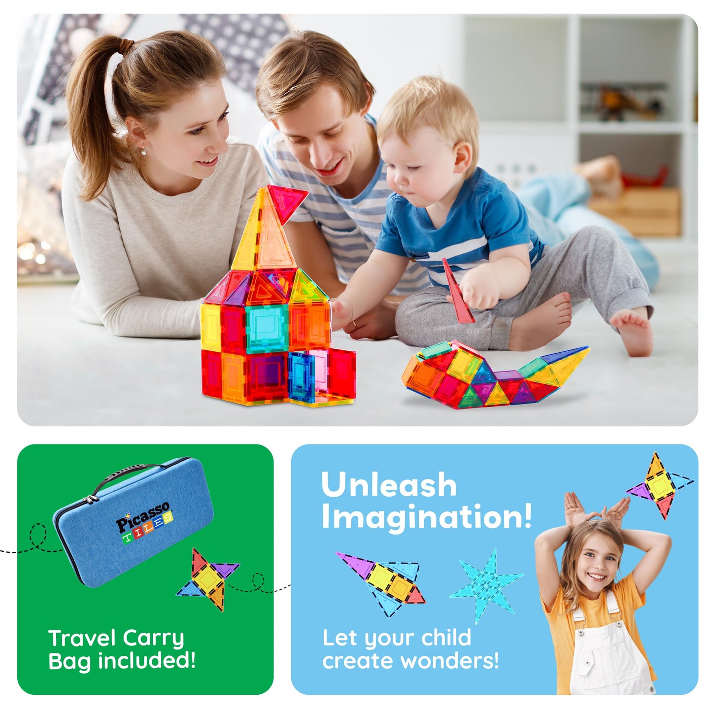 PicassoTiles Magnetic Tiles 101pcs – STEM Toy Set with Carry Case for Kids 3+