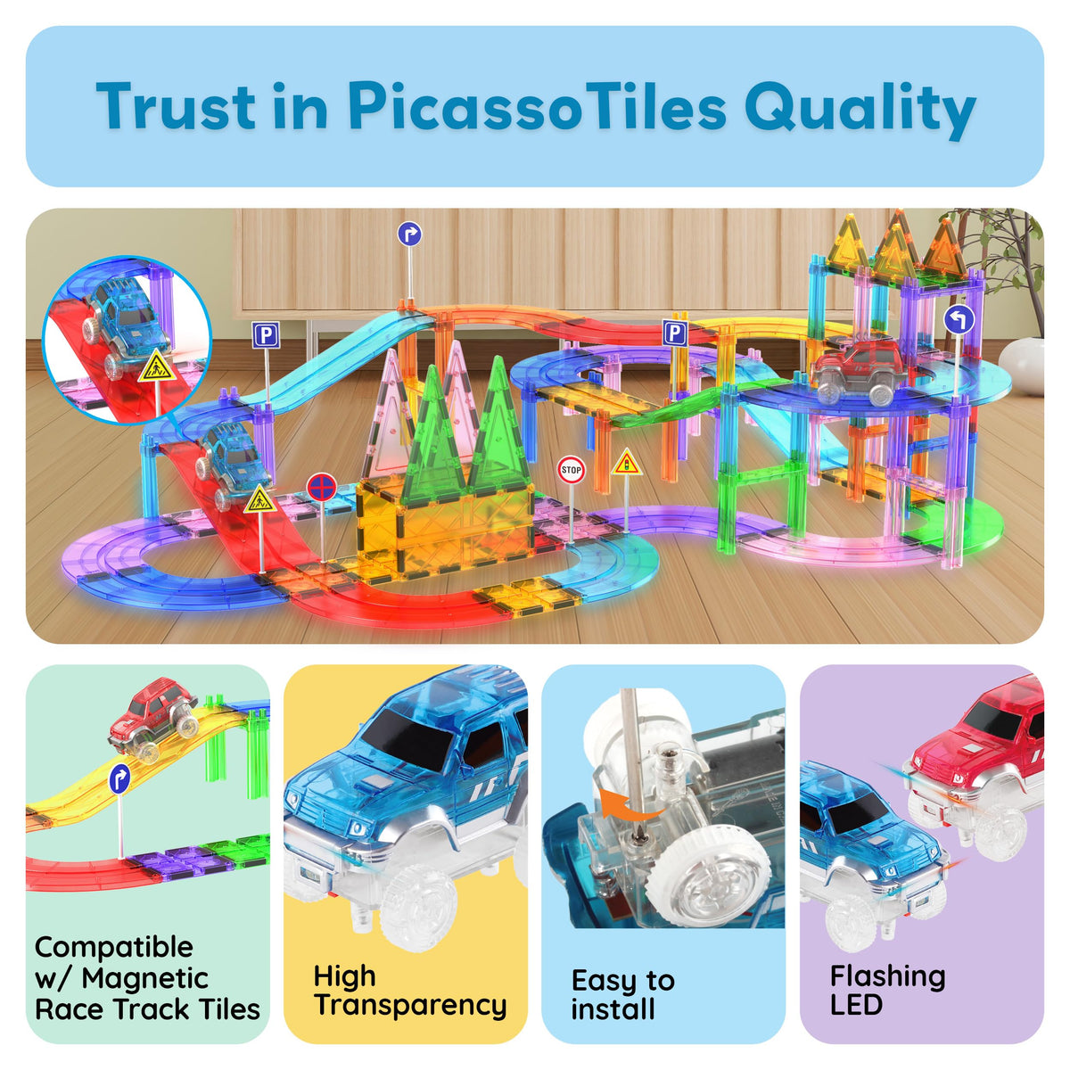 PicassoTiles 2pcs LED Magnetic Car Set – Compatible with Magnet Race Tracks | STEM Toy for Toddlers 3+