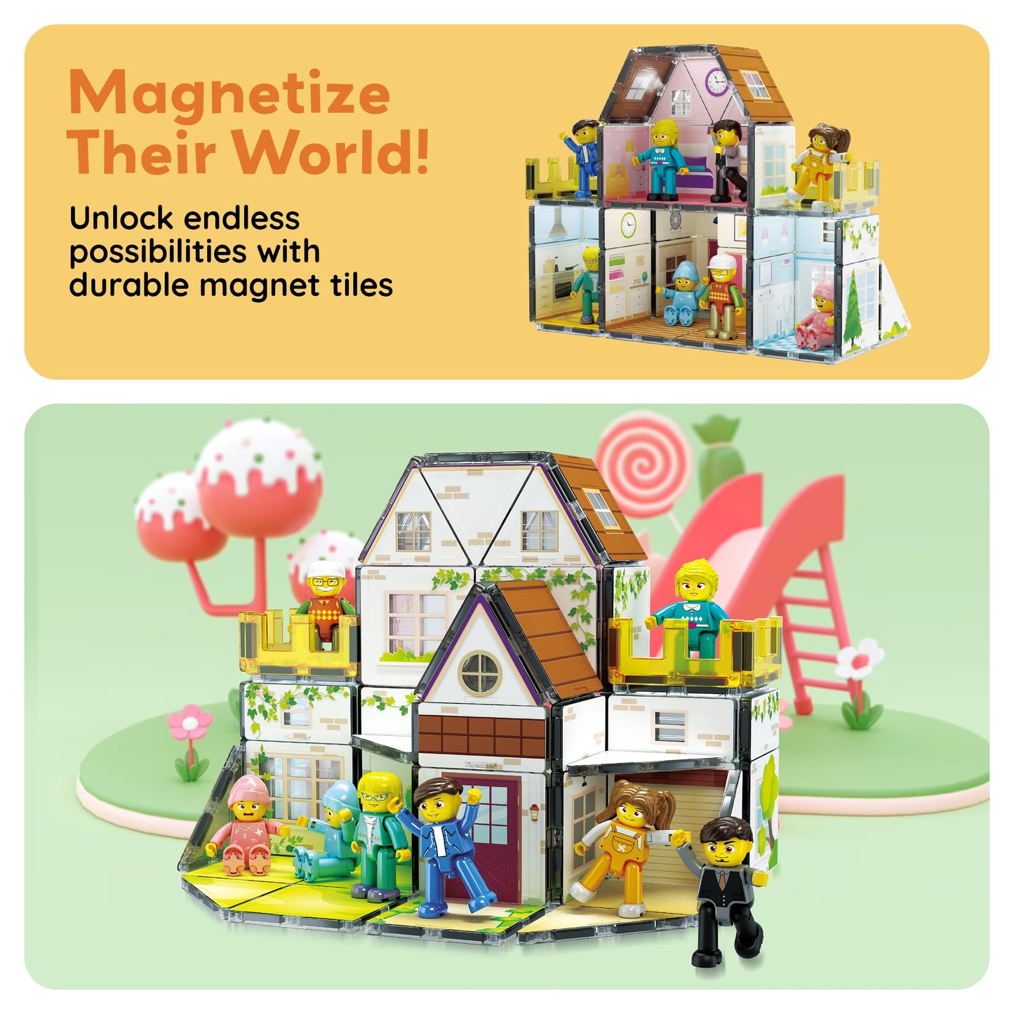 PicassoTiles Magnet Tile Family Homestead Doll House Playset with 8 Character Figures, Double-Sided Tiles, STEM Learning Kit PTQ06