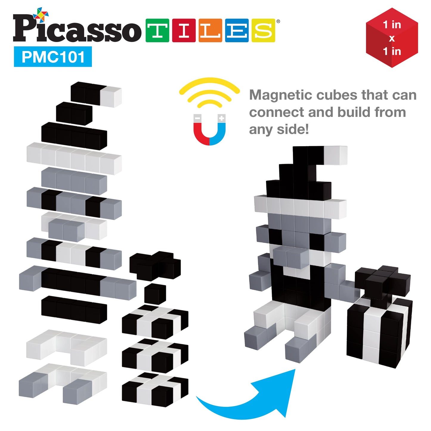 PicassoTiles 101pc Magnetic Puzzle Cube Set – Black & White 1-Inch STEM Toy for Kids 3+