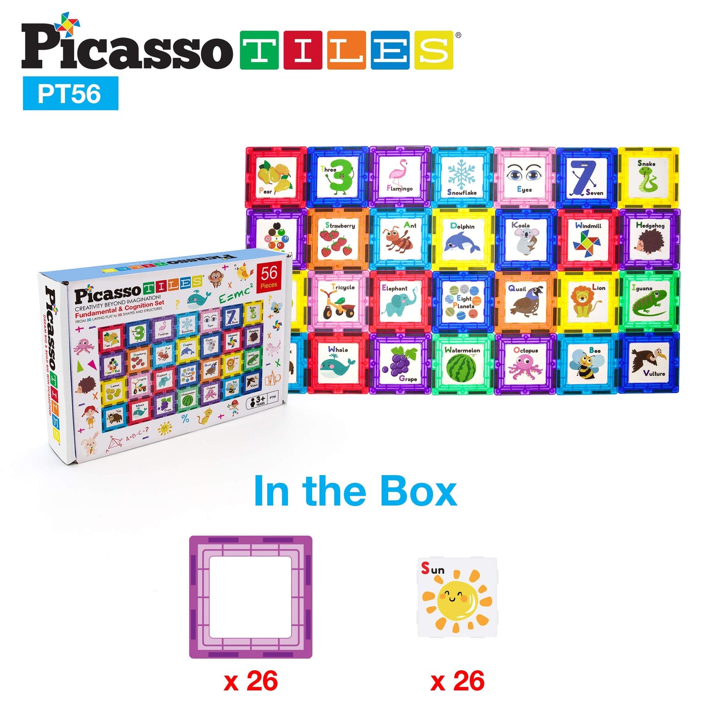 PicassoTiles 56-Piece Magnetic Building Blocks with Graphic Inserts | STEM Learning Kit