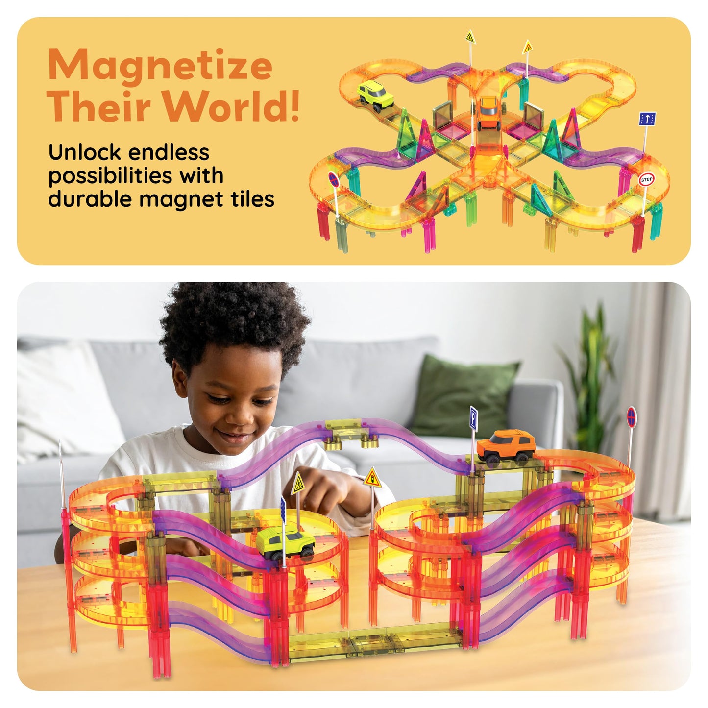 PicassoTiles 60pc Magnetic Race Car Track Set – STEM Building Blocks for Kids