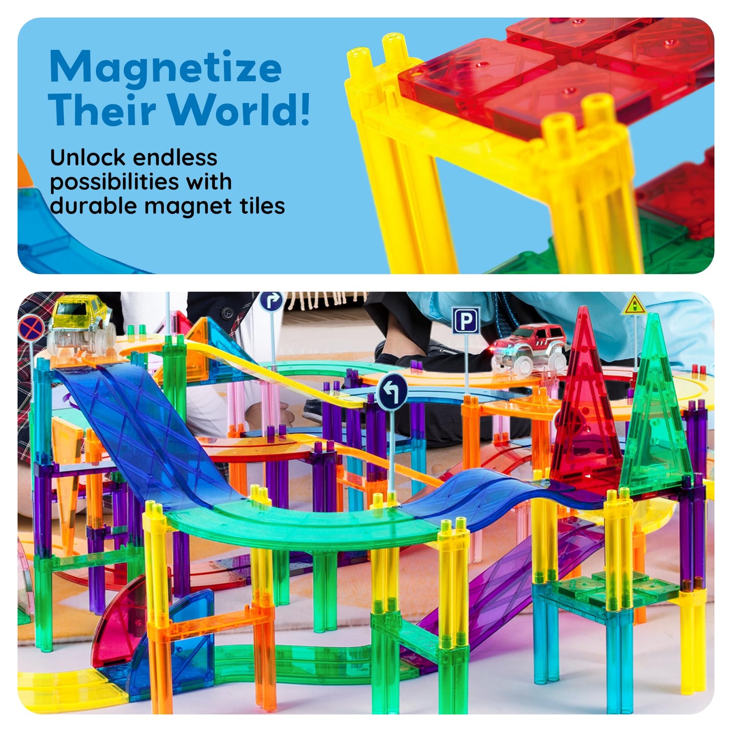 PicassoTiles 128-Piece Magnetic Race Car Track | LED Cars, STEM Learning Toy for Kids 3+