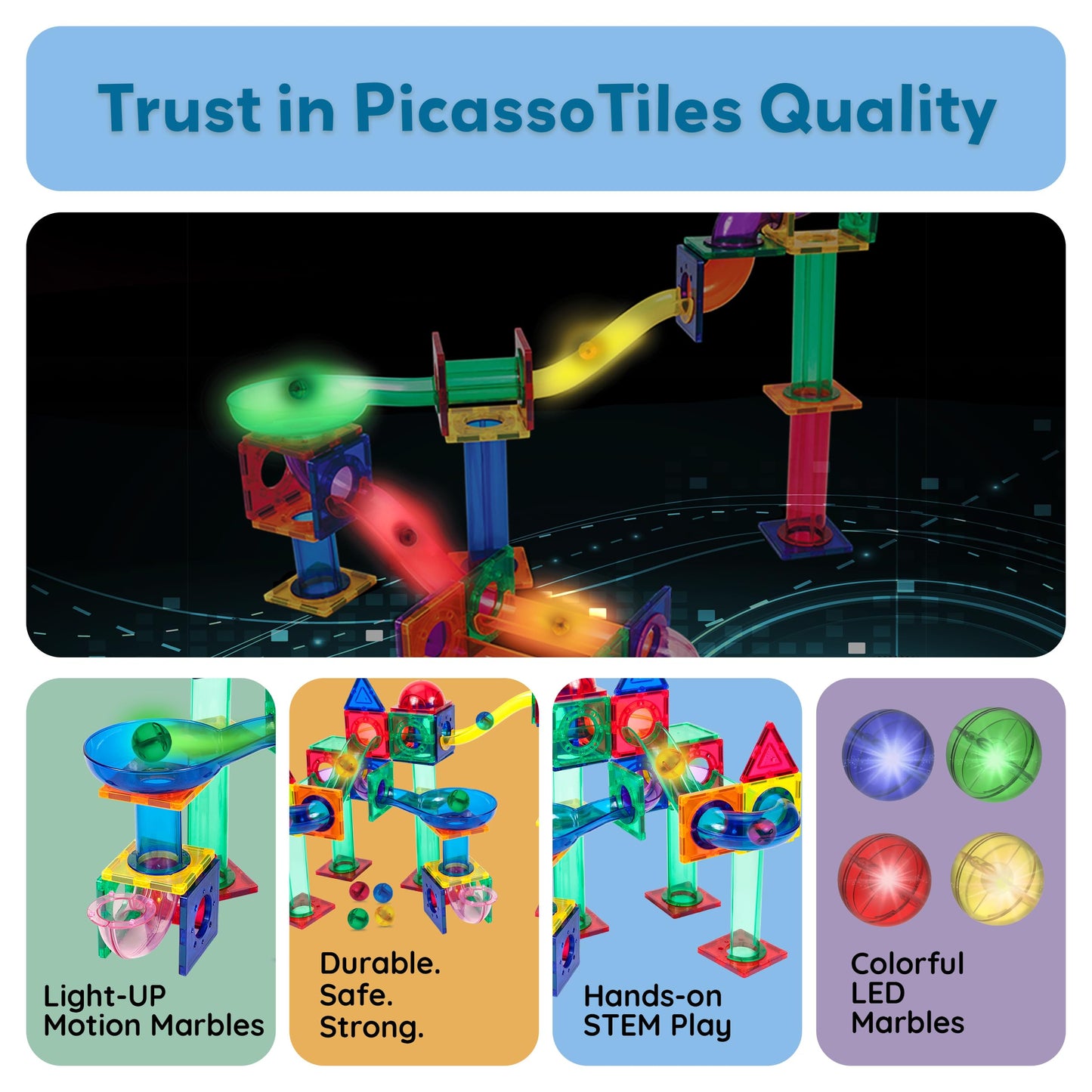 PicassoTiles Motion Activated Marbles – LED Glow-in-the-Dark 4pc Marble Run Accessory