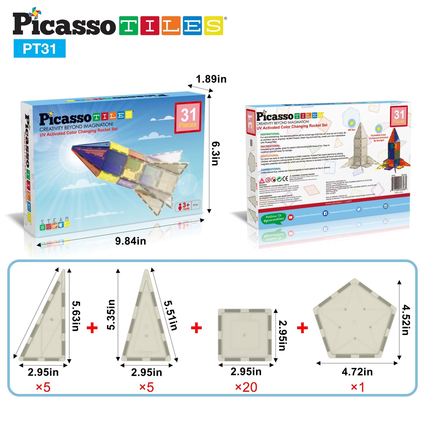 PicassoTiles UV Activated Color Changing Rocket Set – Magnetic STEM Building Blocks for Kids 3+