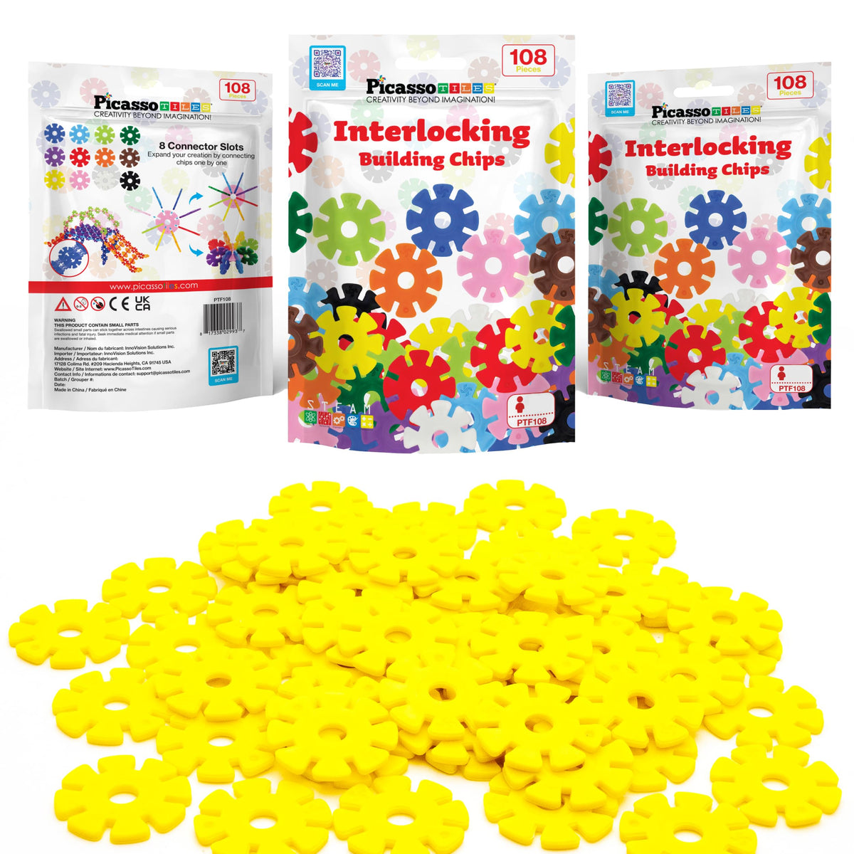 PicassoTiles Yellow Interlocking Disc Chips – 108-Piece STEM Building Set (PTF108)