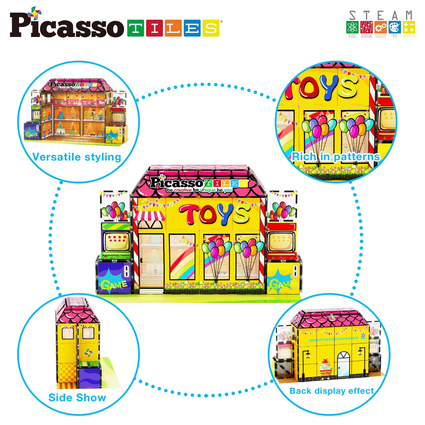PicassoTiles 60pc Magnetic Toy Store Theme | Reconfigurable STEM Playset for Ages 3+ | PTQ50