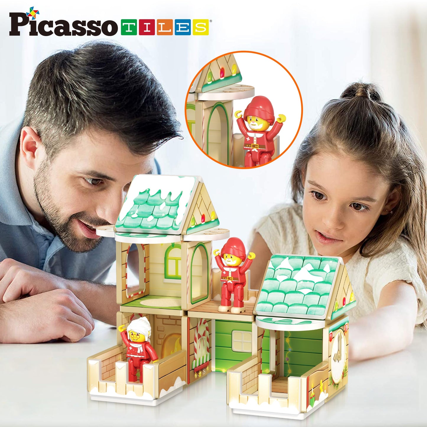 PicassoTiles Christmas Cottage Magnetic Tile Set PTQ08 – Santa, Elves & Nutcrackers