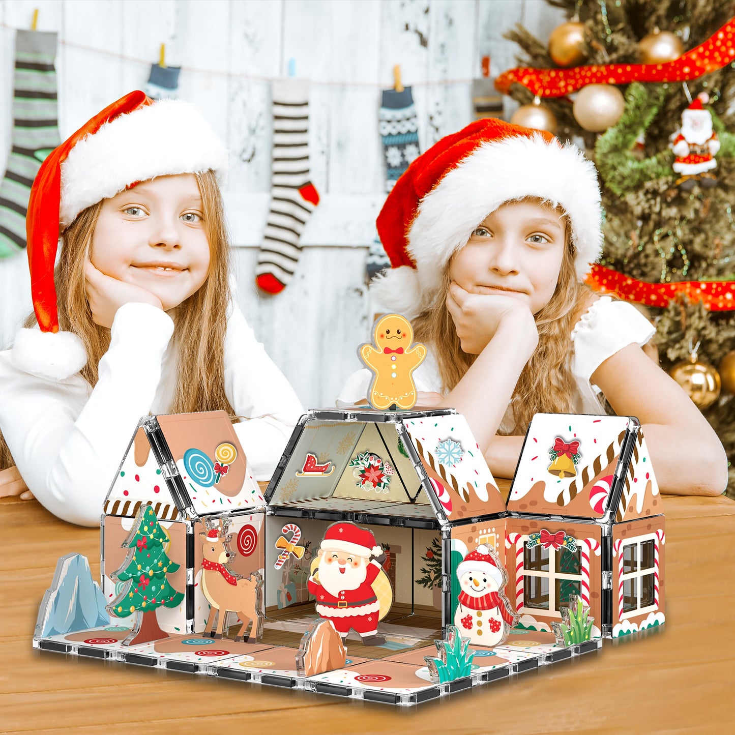 PicassoTiles Gingerbread House Holiday Magnetic Tiles – Santa, Snowman, Deer | STEM Toys for Kids 3+
