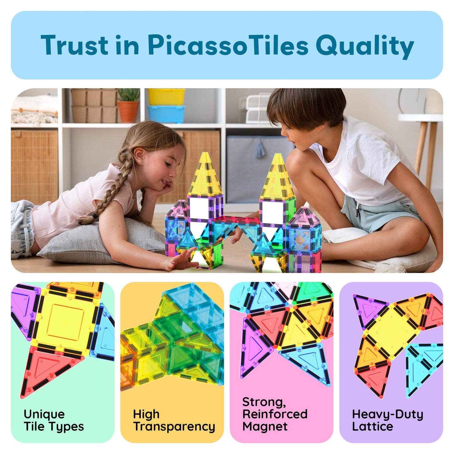 PicassoTiles PT152 Magnetic Tiles 152pcs – Mirror Theme STEM Building Toys for Kids