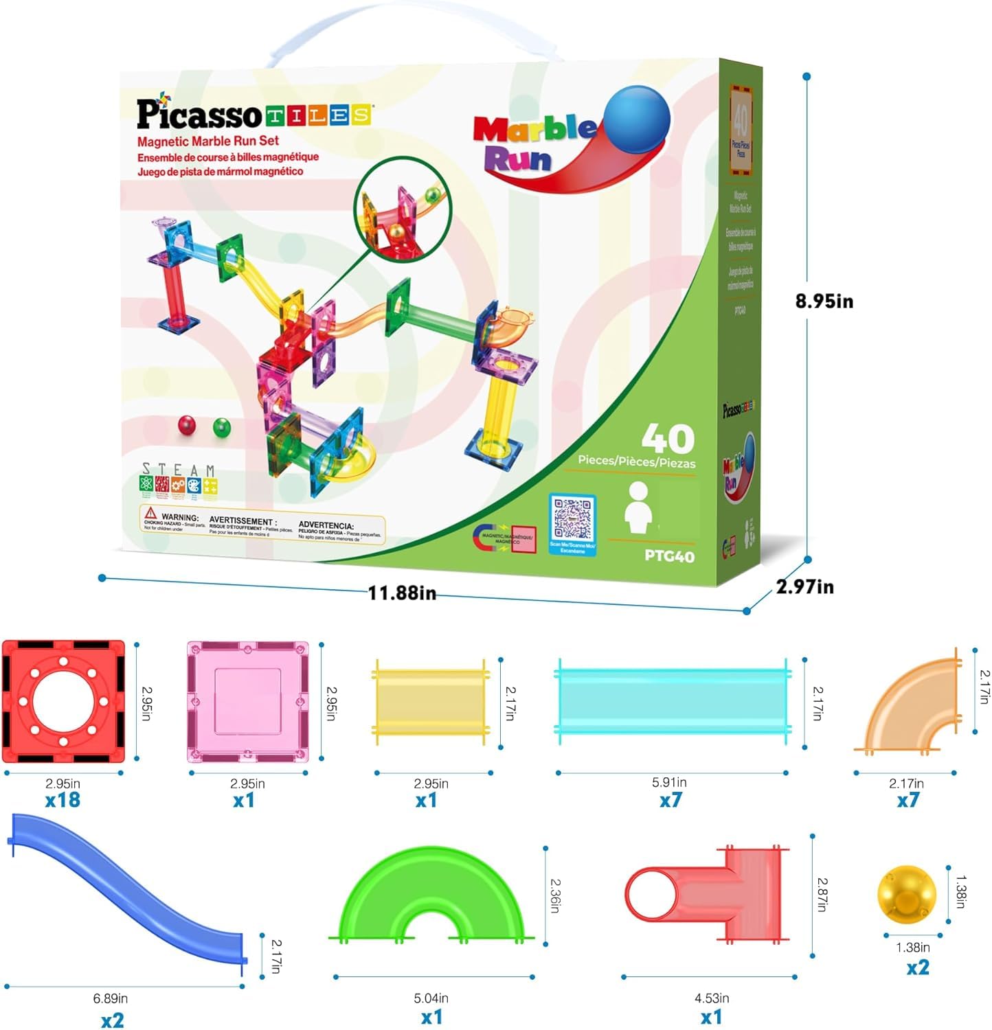 PicassoTiles Magnetic Marble Run Set – Rainbow Color Tiles, 40-Piece STEM Kit for Kids 3+