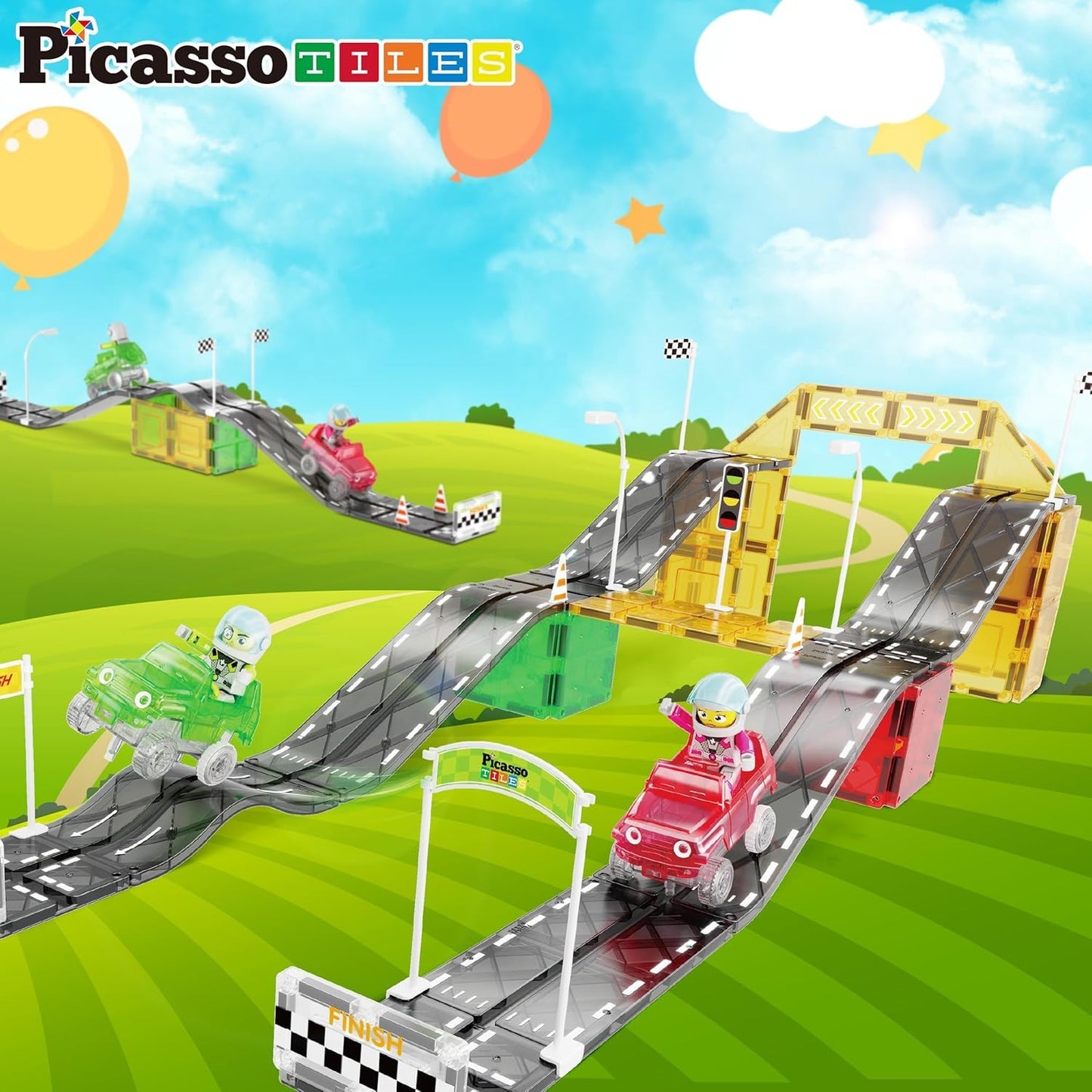 PicassoTiles Magnet Tile Race Car Track Kit PTR05 – STEM Building Blocks