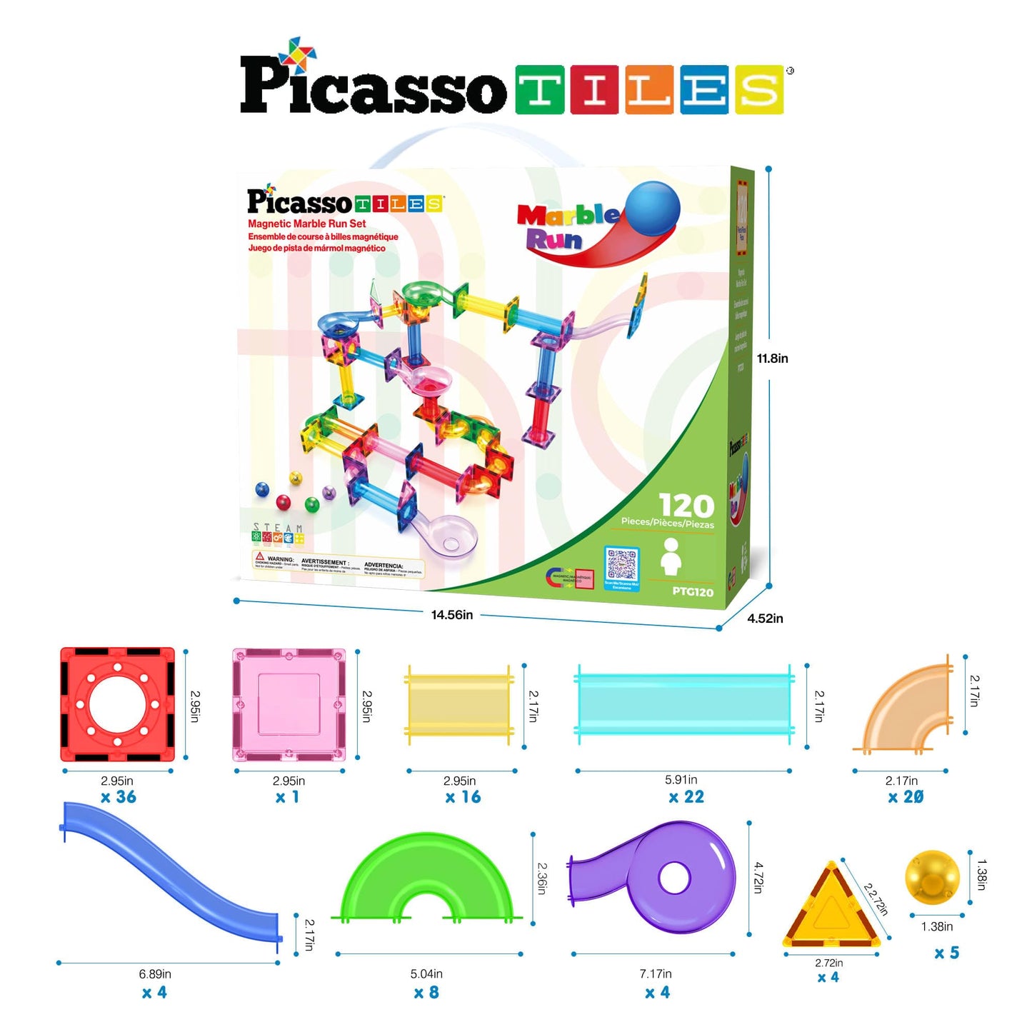 PicassoTiles 120pc Magnetic Tile Marble Run Set – STEM Construction Toy for Kids 3+ PTG120