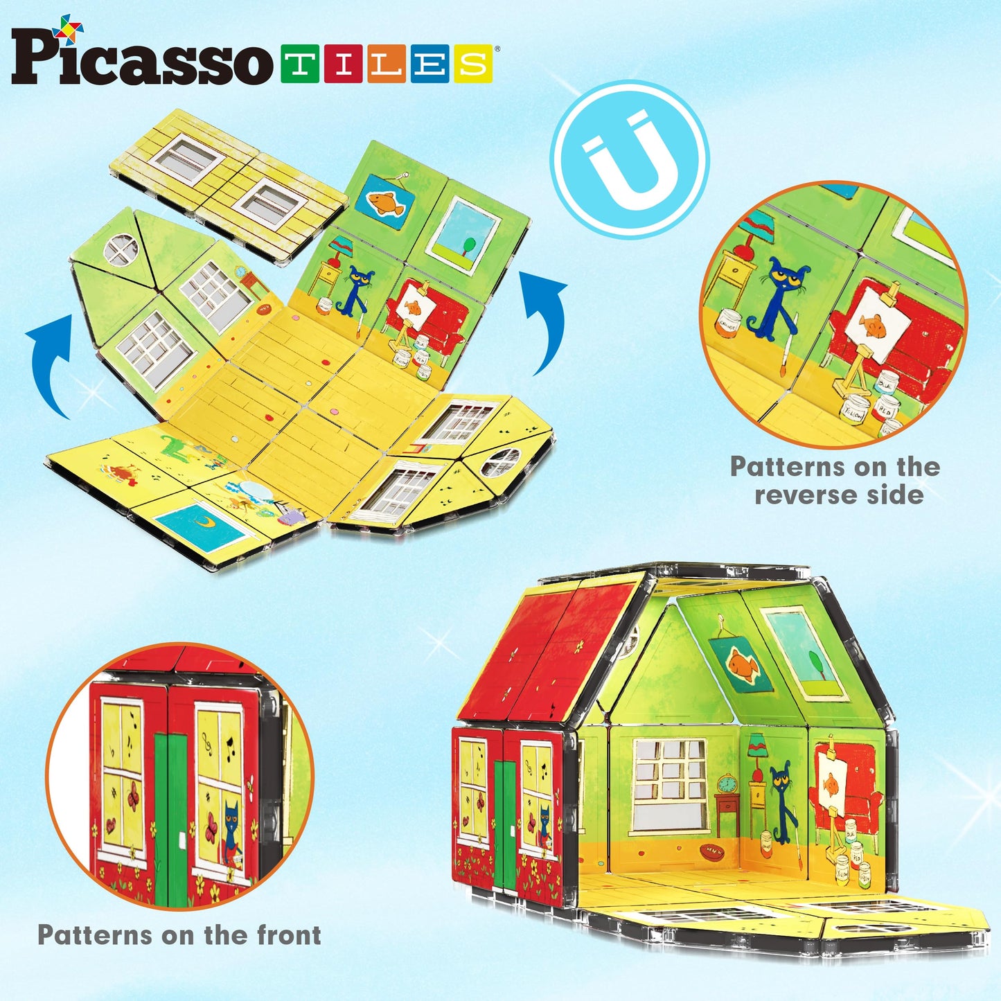 PicassoTiles Pete the Cat Home Theme Magnetic Tiles | STEM Building Blocks for Kids 3+