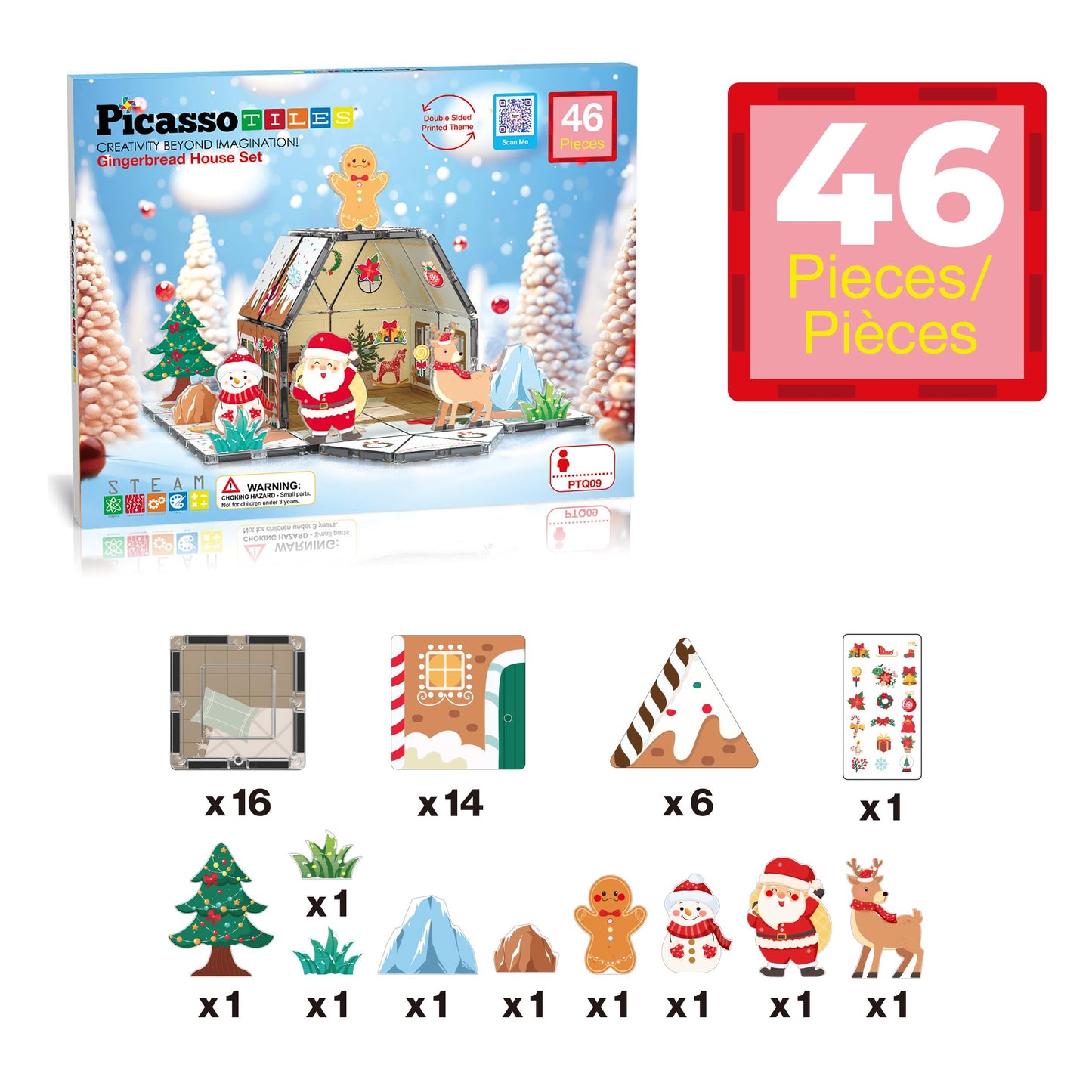 PicassoTiles Gingerbread House Holiday Magnetic Tiles – Santa, Snowman, Deer | STEM Toys for Kids 3+