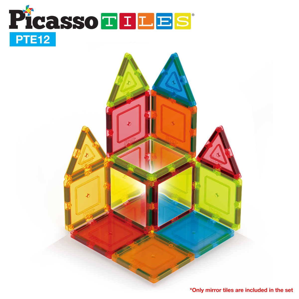 PicassoTiles Mirror Magnetic Building Tiles - 12-Piece Expansion Set for 3+ | Educational Magnetic Tiles