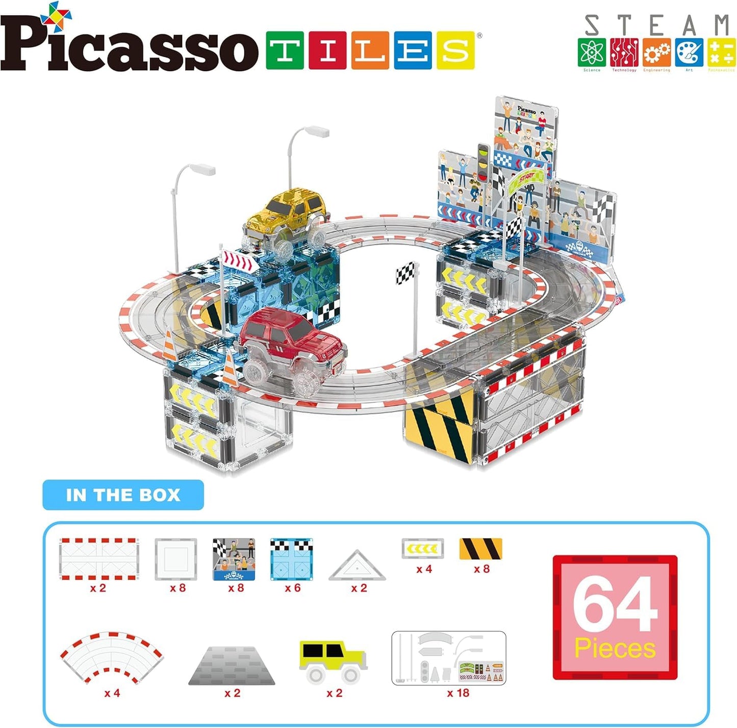 PicassoTiles Magnetic Race Track Set with 2 Trucks – STEM Building Toy PTQ05 | Kids 3+