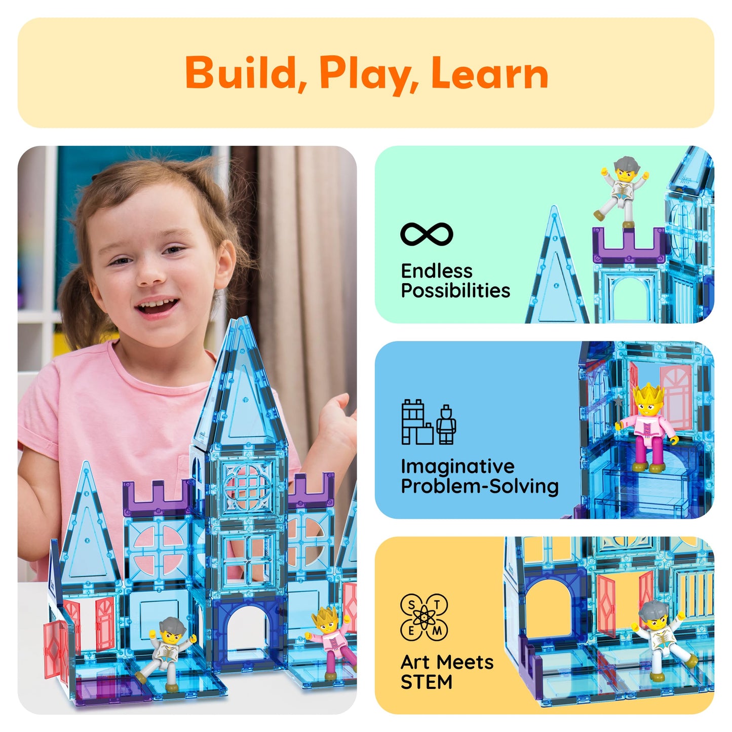 PicassoTiles 72-Piece Magnetic Building Tiles: Castle Winter Ice Theme
