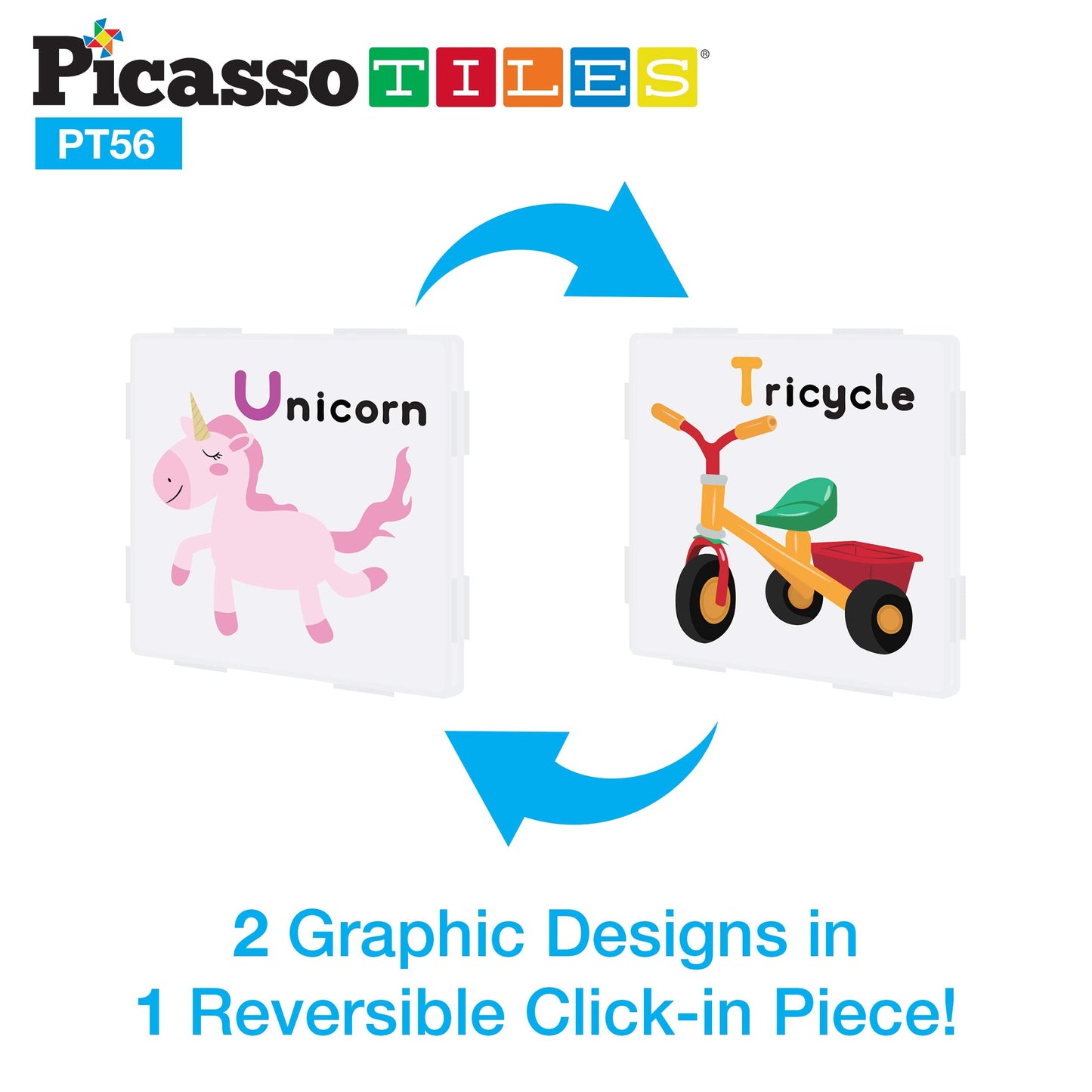 PicassoTiles 56-Piece Magnetic Building Blocks with Graphic Inserts | STEM Learning Kit