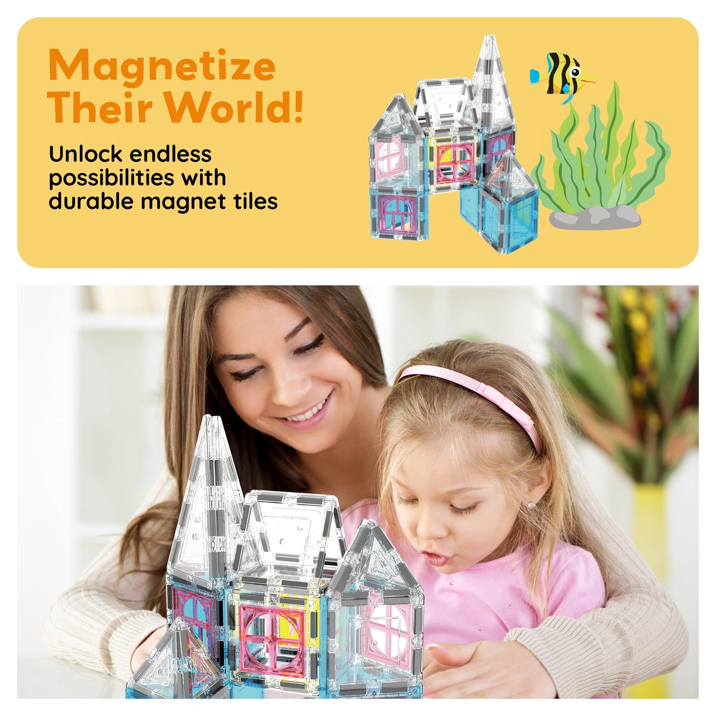 PicassoTiles Mermaid Theme Magnetic Tiles – 50 Piece STEM Building Set for Kids 3+