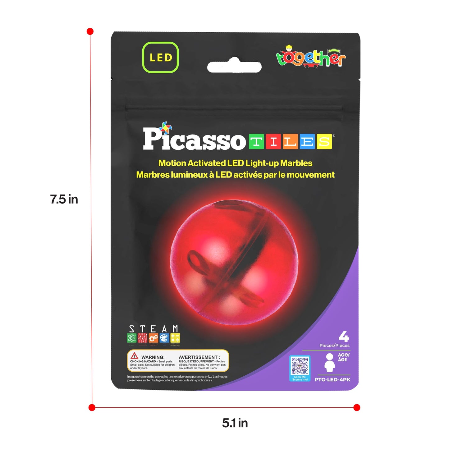 PicassoTiles Motion Activated Marbles – LED Glow-in-the-Dark 4pc Marble Run Accessory