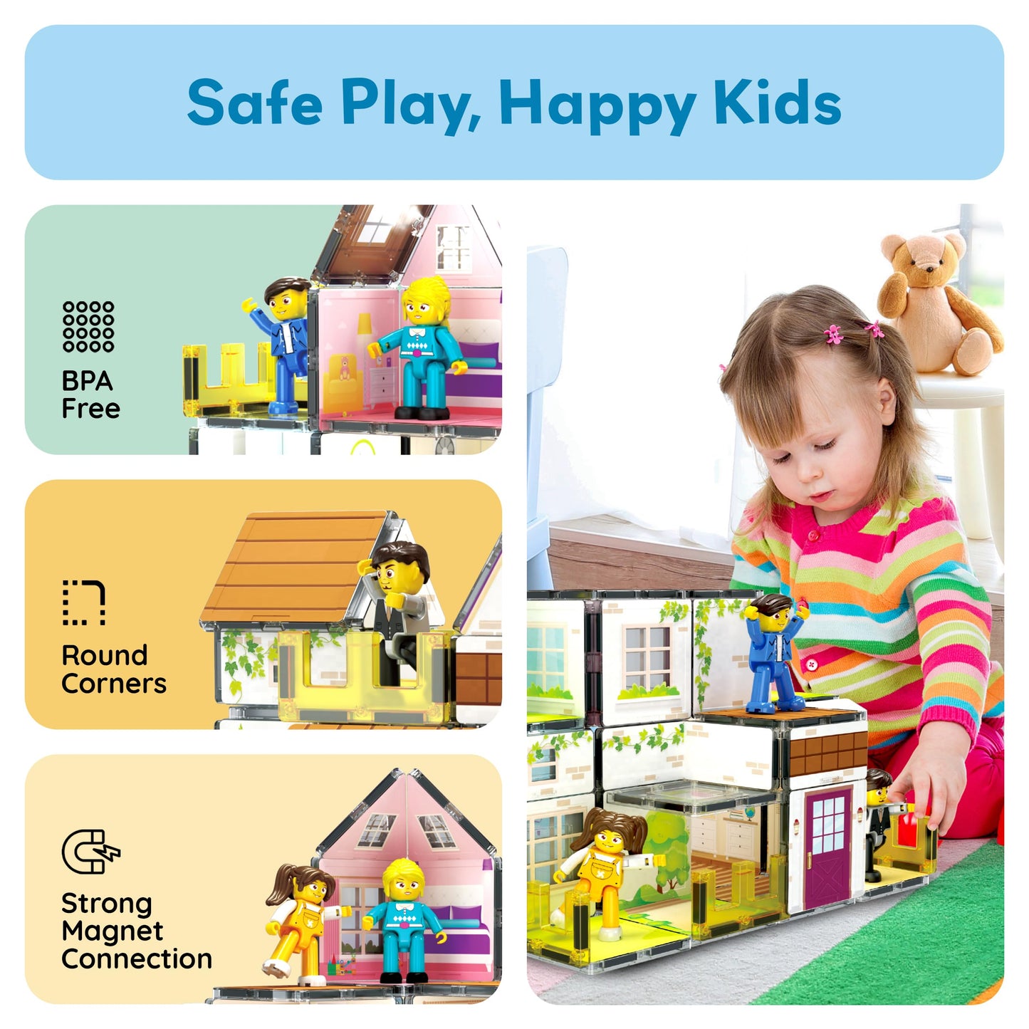 PicassoTiles Magnet Tile Family Homestead Doll House Playset with 8 Character Figures, Double-Sided Tiles, STEM Learning Kit PTQ06