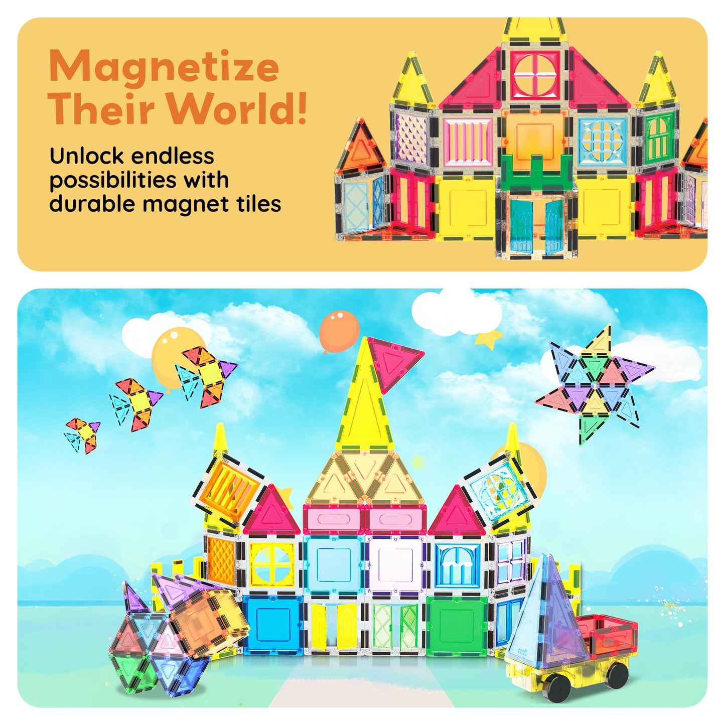 PicassoTiles 61-Piece Magnetic Tiles - STEM Building Blocks for Kids 3-12