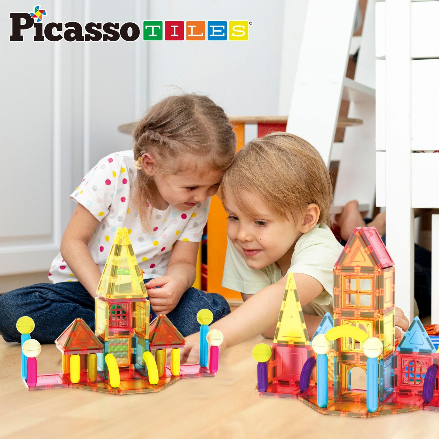PicassoTiles 82-Piece Magnetic Tiles & Sticks – STEM Building Toy for Kids 3+