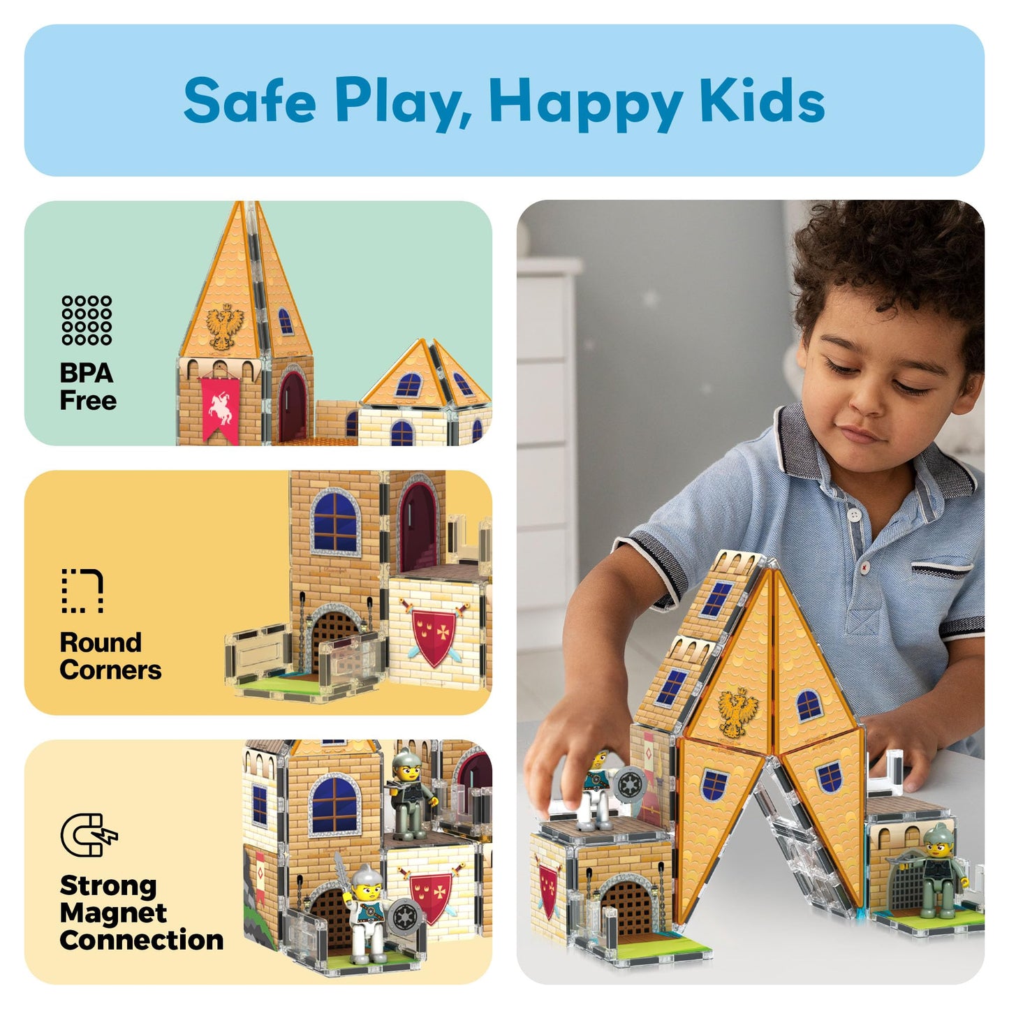 PicassoTiles 70pc Medieval Castle Magnetic Tile Set – 2in1 8 Figures | STEM Building Blocks for Kids 3+