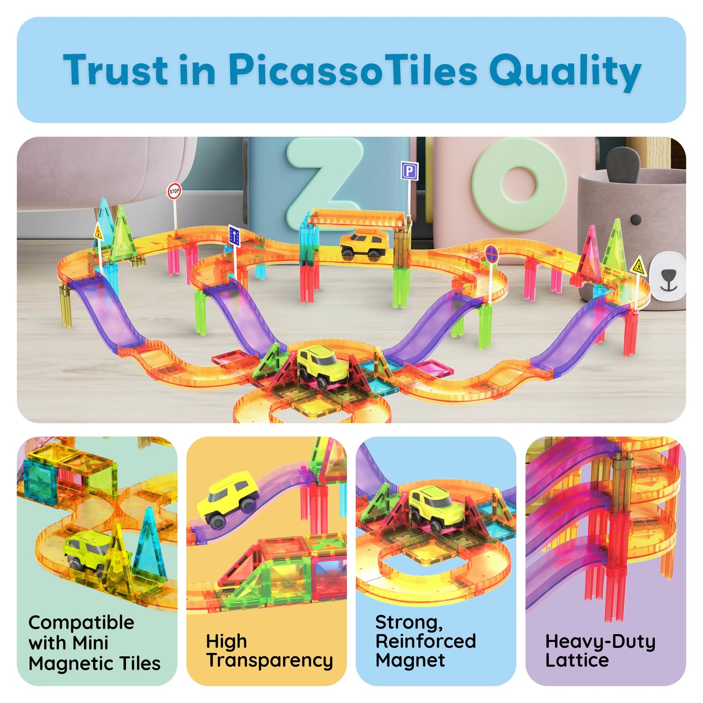 PicassoTiles 60pc Magnetic Race Car Track Set – STEM Building Blocks for Kids