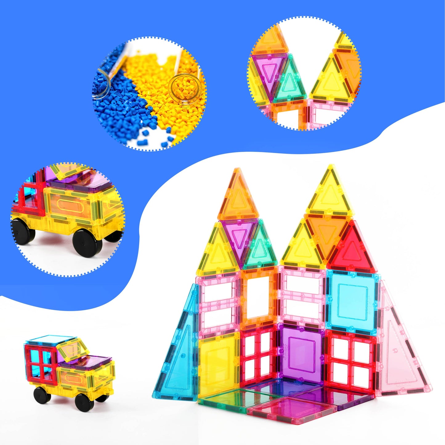 PicassoTiles Magnet Tile Building Blocks with Car Base & Drawstring Bag – 61 Pc STEM Toy (Ages 3+)