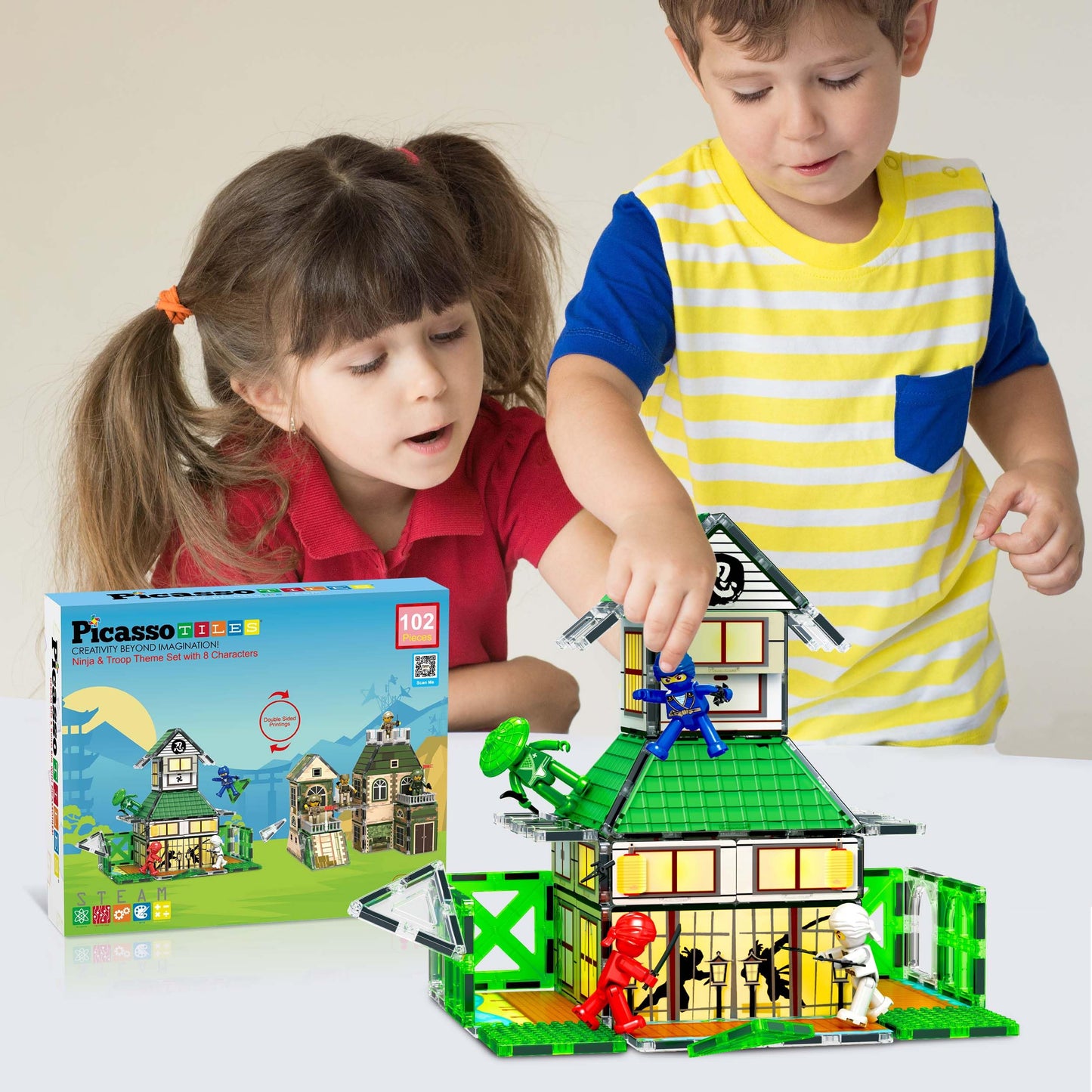 PicassoTiles 102pc Magnetic Tile Set – Ninja & Troop 2-in-1 with 8 Figures | STEM Building Play