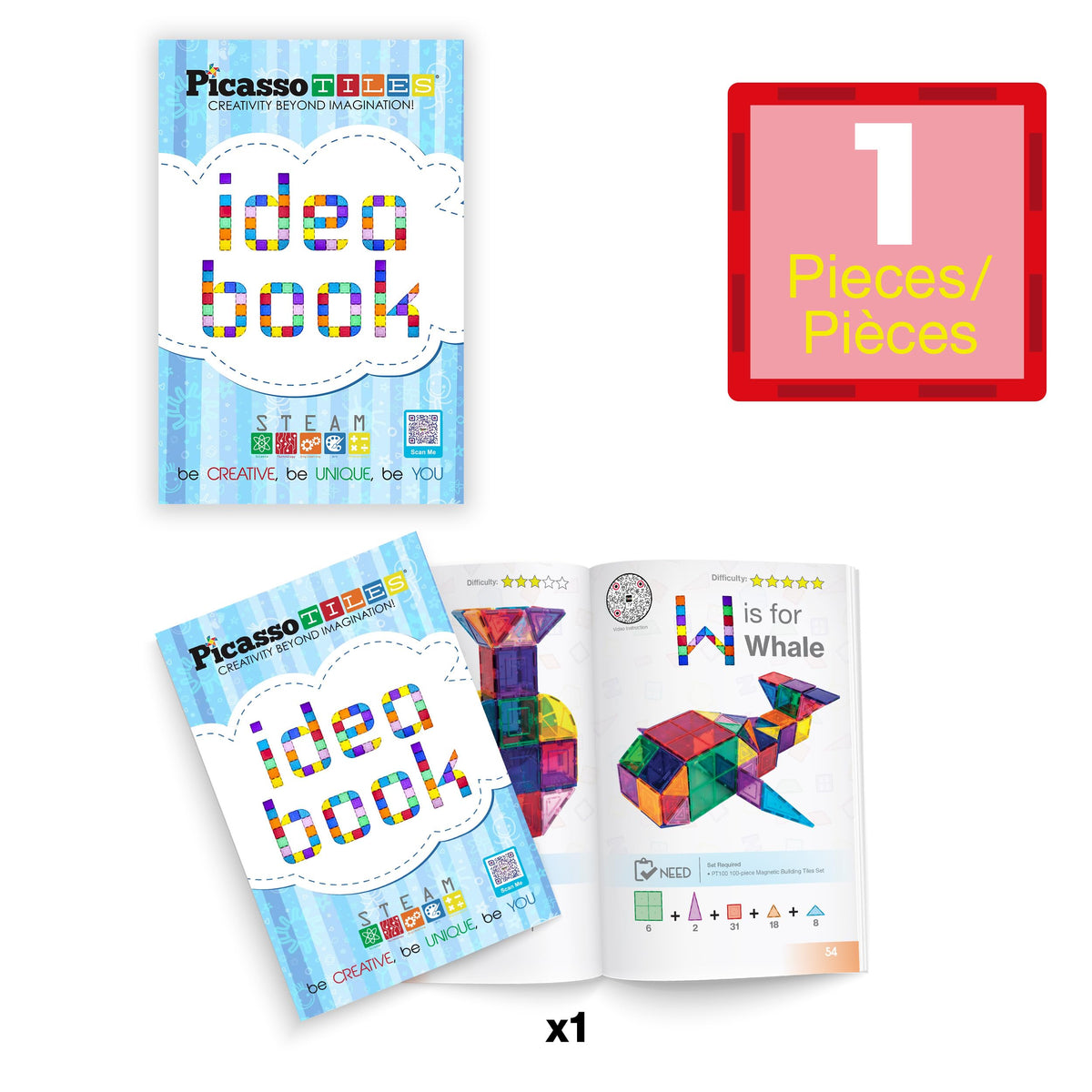 PicassoTiles Magnetic Tile Building Idea Book – 230 Pages, 300+ Builds, STEM Design Guide | Ages 3+ | PTIDEABOOK