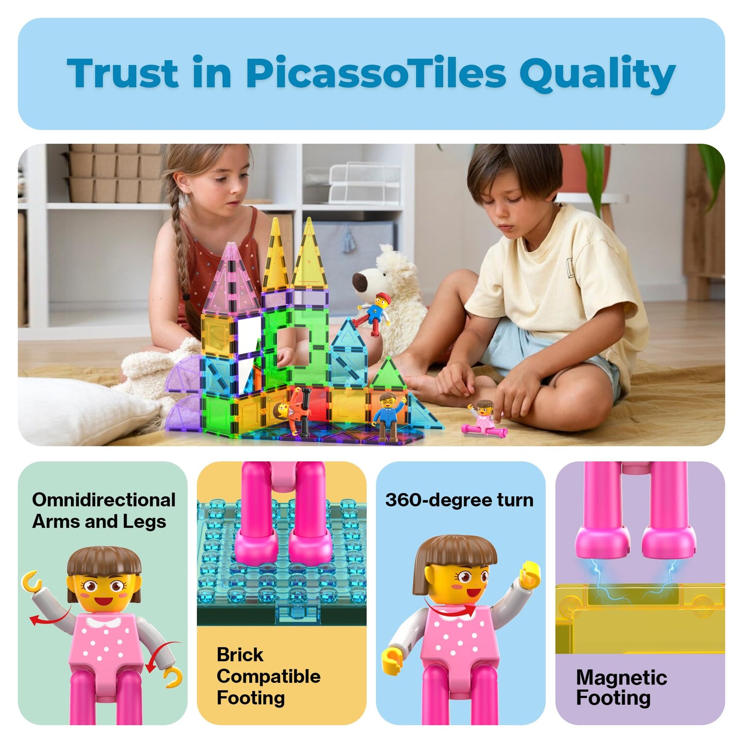 PicassoTiles 4-Piece Magnetic Family Figures | STEM Play Expansion (Ages 3+)