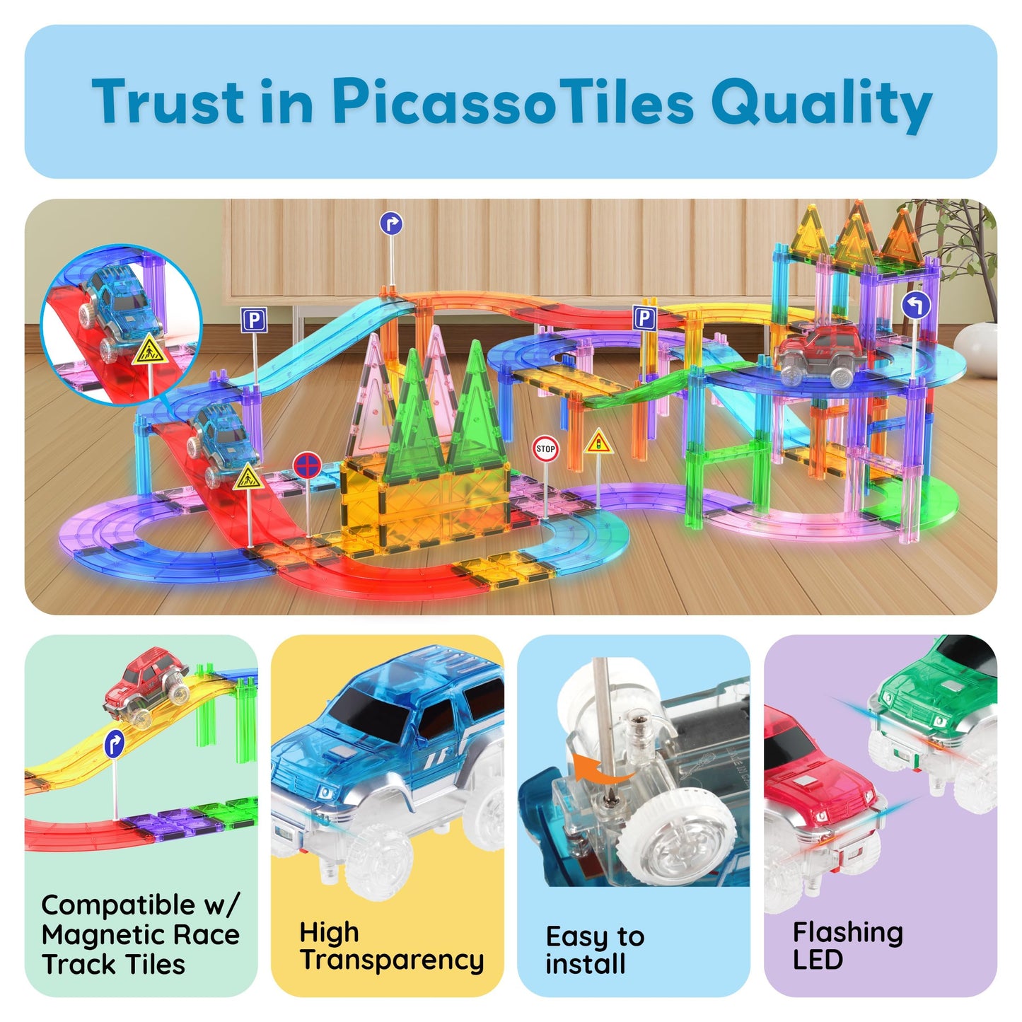 PicassoTiles 3 LED Magnetic Race Cars Set | Lights, STEM Building Kit for Kids 3+