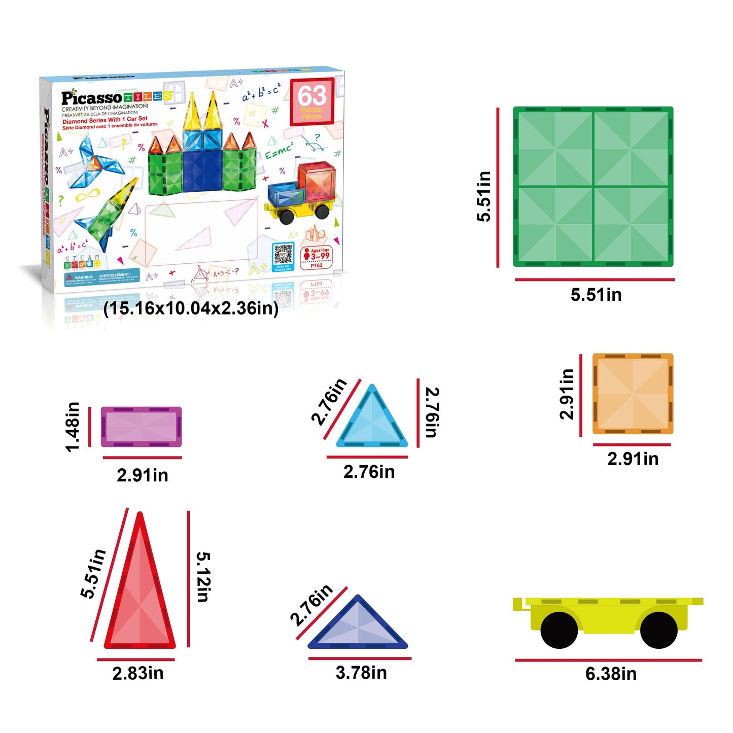 PicassoTiles 63-Piece Diamond Magnetic Tile Set with Car Truck – STEM Building Toy for Kids 3+