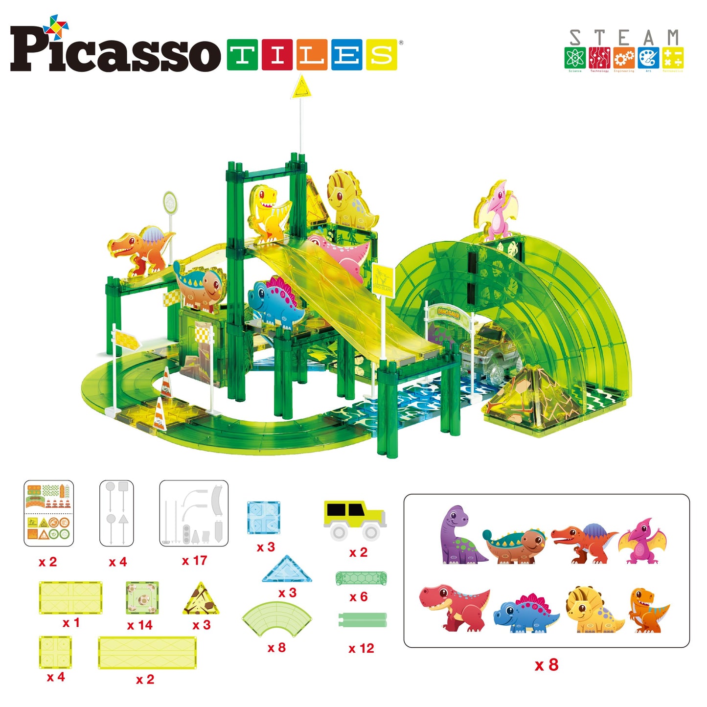PicassoTiles Dinosaur Magnetic Tiles Racecar Track – 89-Piece Educational Building Blocks PTR02
