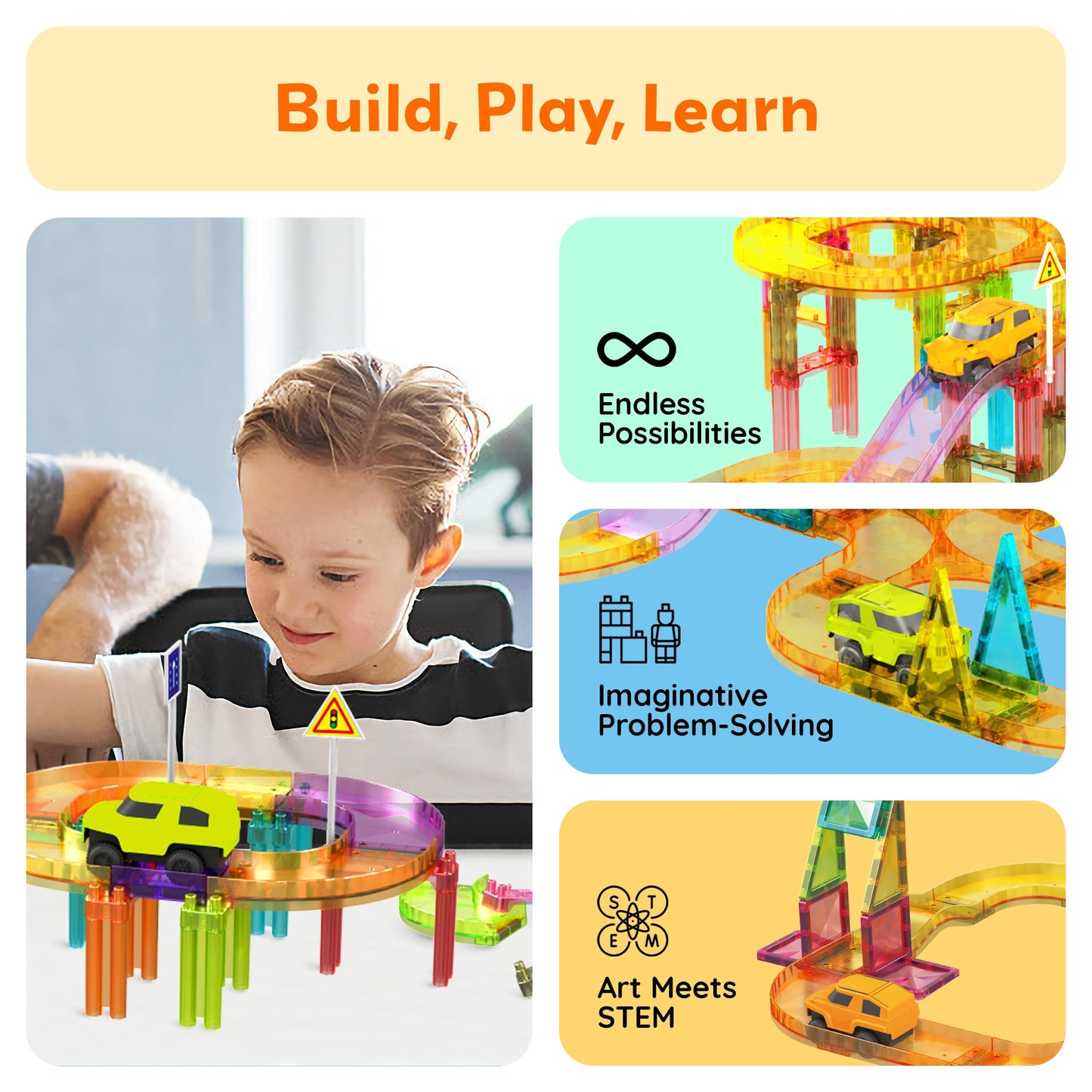 PicassoTiles 60pc Magnetic Race Car Track Set – STEM Building Blocks for Kids