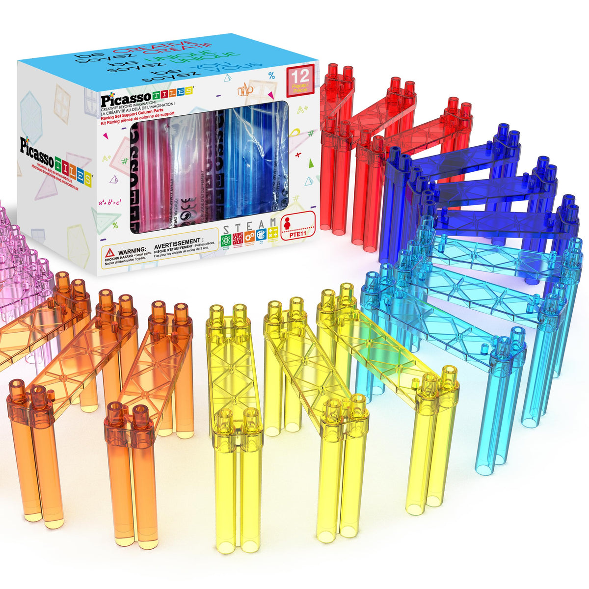 PicassoTiles 12 Piece Support Column Expansion for Magnetic Race Car Track | STEM Toy