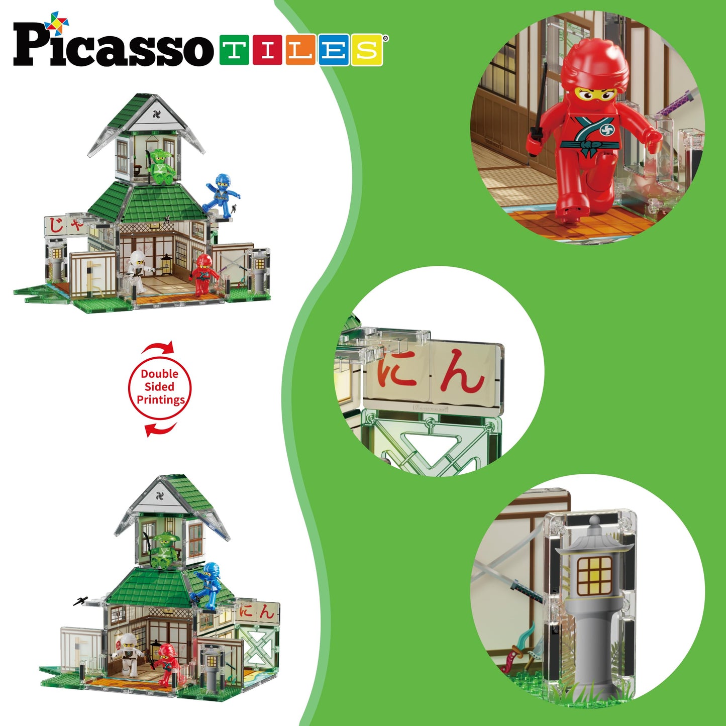 PicassoTiles Ninja Dojo House Magnet Tile Set – 64-Piece STEM Playset with 4 Ninja Figures (Ages 3+) PTQ07