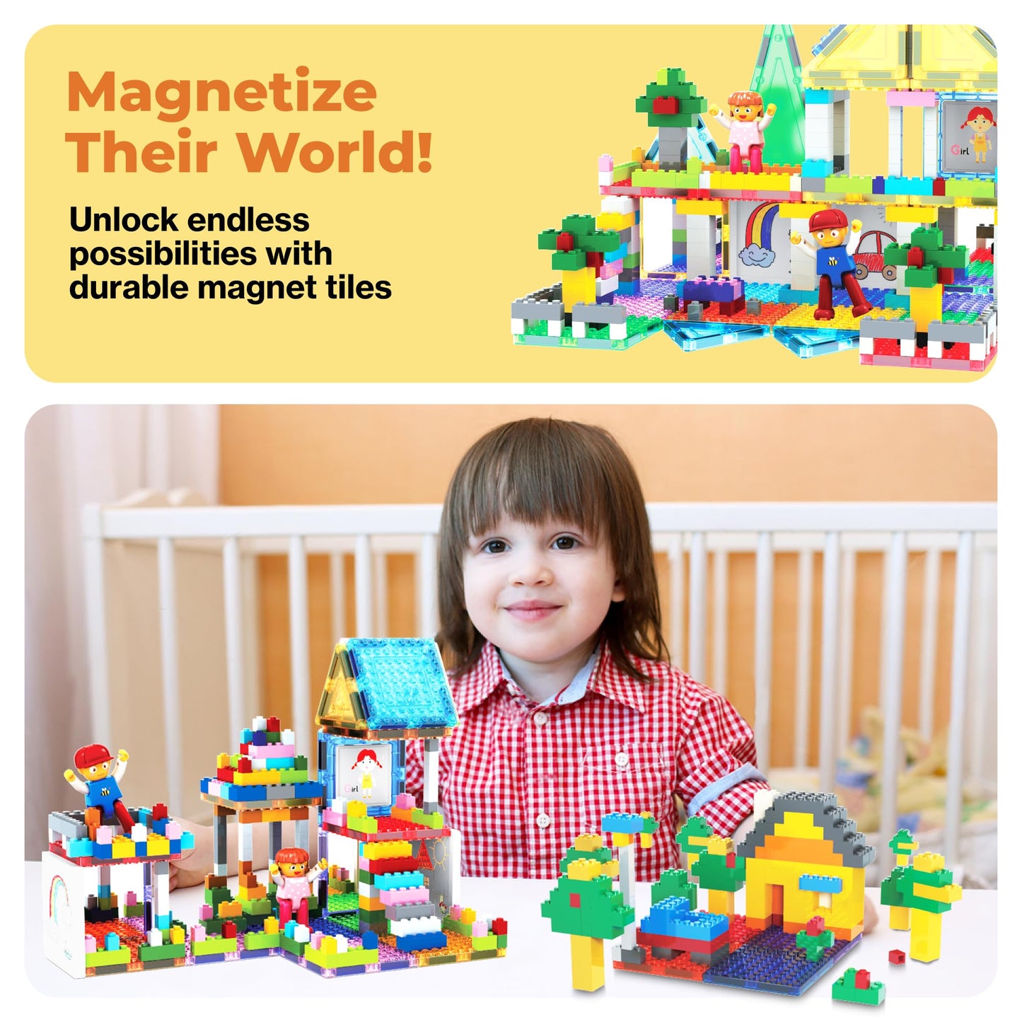 PicassoTiles 585pc Table Set: Magnetic Tiles, Bricks & Whiteboard Desk for STEM Play