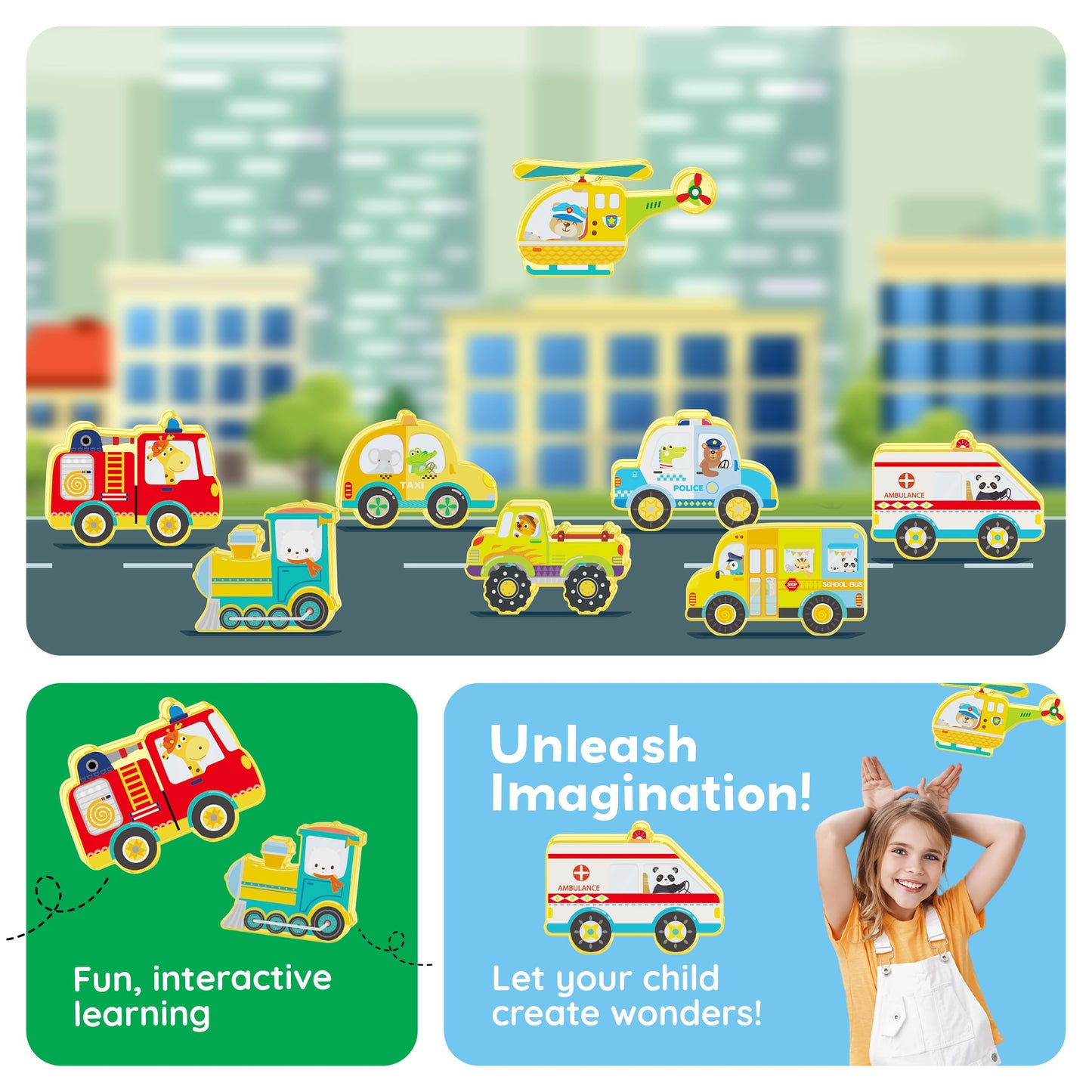 PicassoTiles 8pc Metro City Vehicle Magnet Set – STEM Construction Toys